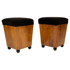 Pair of Italian Stools from 1930th Made by Walnut Wood and Stuffed