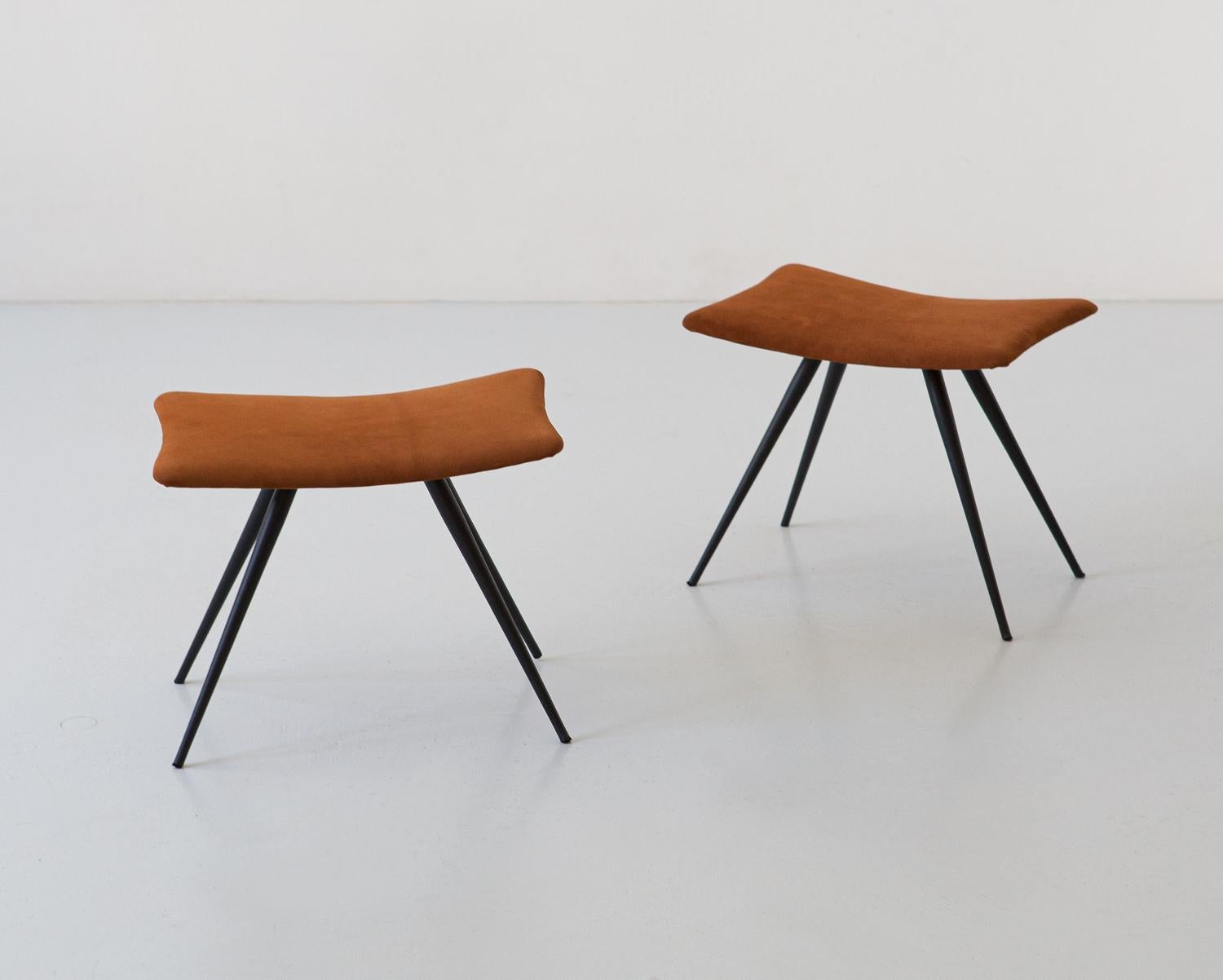 Mid-Century Modern Pair of Italian Stools in Cognac Suede Leather And Black Steel Conical Legs