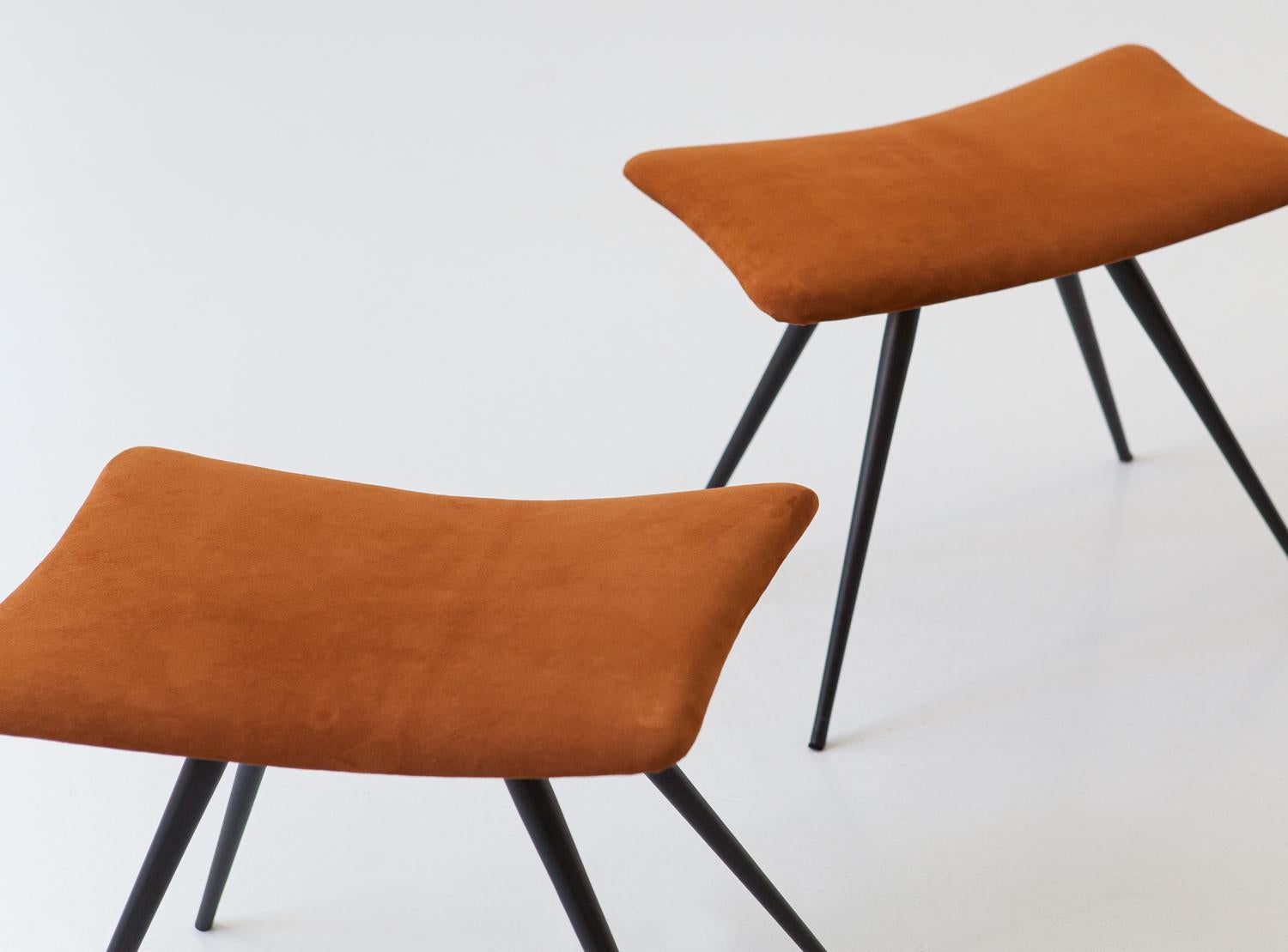 Mid-20th Century Pair of Italian Stools in Cognac Suede Leather And Black Steel Conical Legs