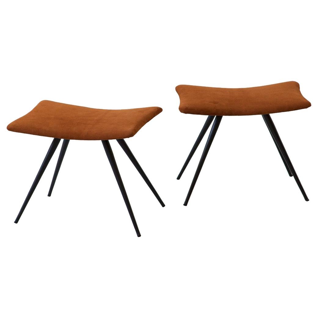 Pair of Italian Stools in Cognac Suede Leather And Black Steel Conical Legs