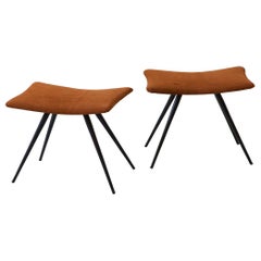 Pair of Italian Stools in Cognac Suede Leather And Black Steel Conical Legs