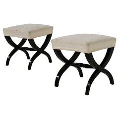 Pair of Italian Stools Midcentury White Fabric with Cornocopies, 1950s