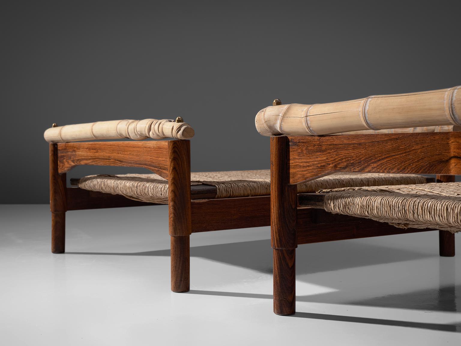 Pair of Italian Stools with Rosewood, Bamboo and Cane 4
