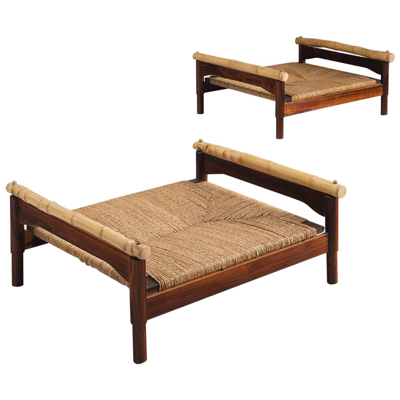 Pair of Italian Stools with Rosewood, Bamboo and Cane
