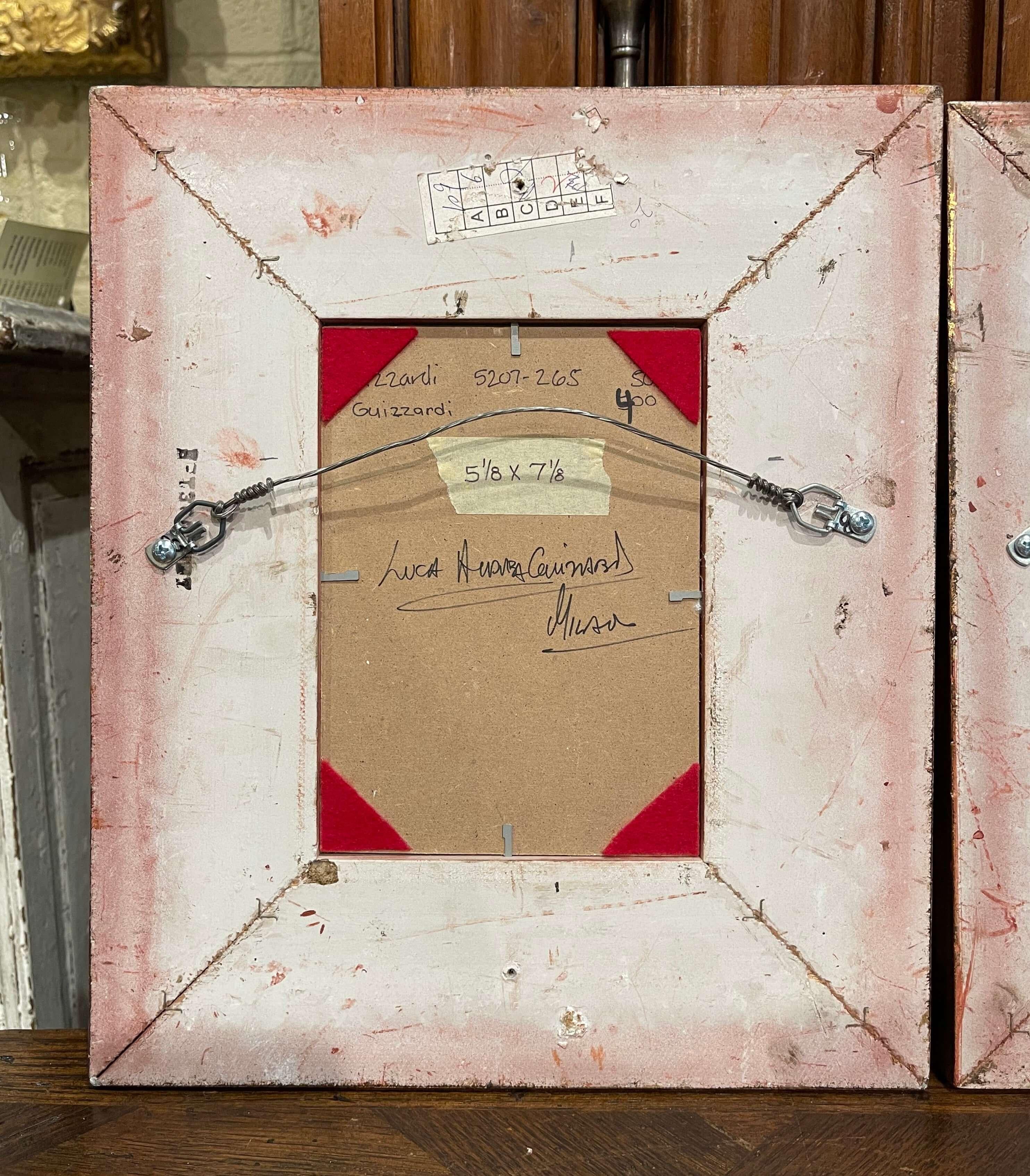 Legno dorato Coppia di dipinti su tavola di scene di strada italiane firmati Luca Andrea Guizzardi