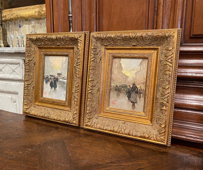 Decorate an office or a study with this elegant pair of vintage paintings. Created in Italy circa 1990, and hand painted on board, both colorful art works are set in the original carved gilt wood frame. Each composition, in the style of Edouard