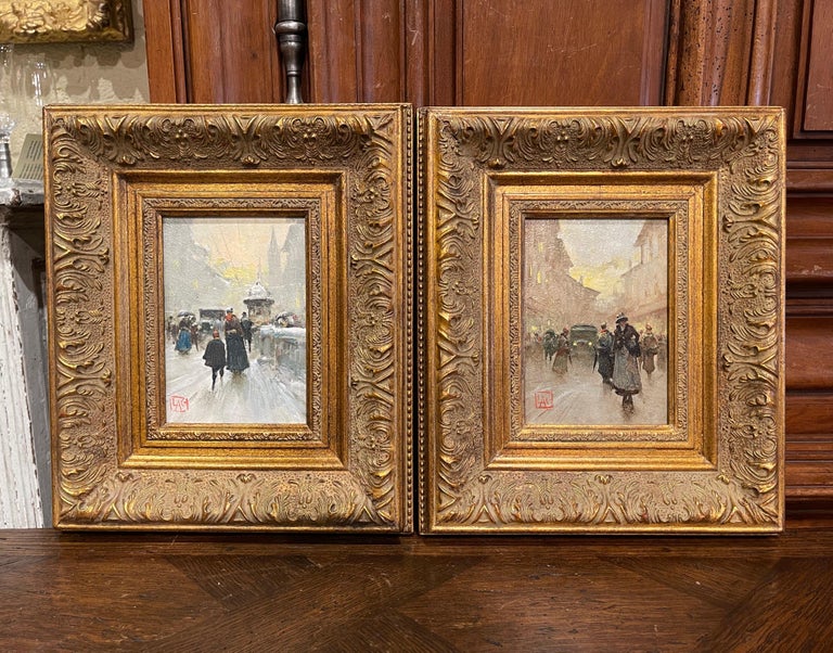 Pair of Italian Street Scene Paintings on Board Signed Luca Andrea Guizzardi In Excellent Condition For Sale In Dallas, TX