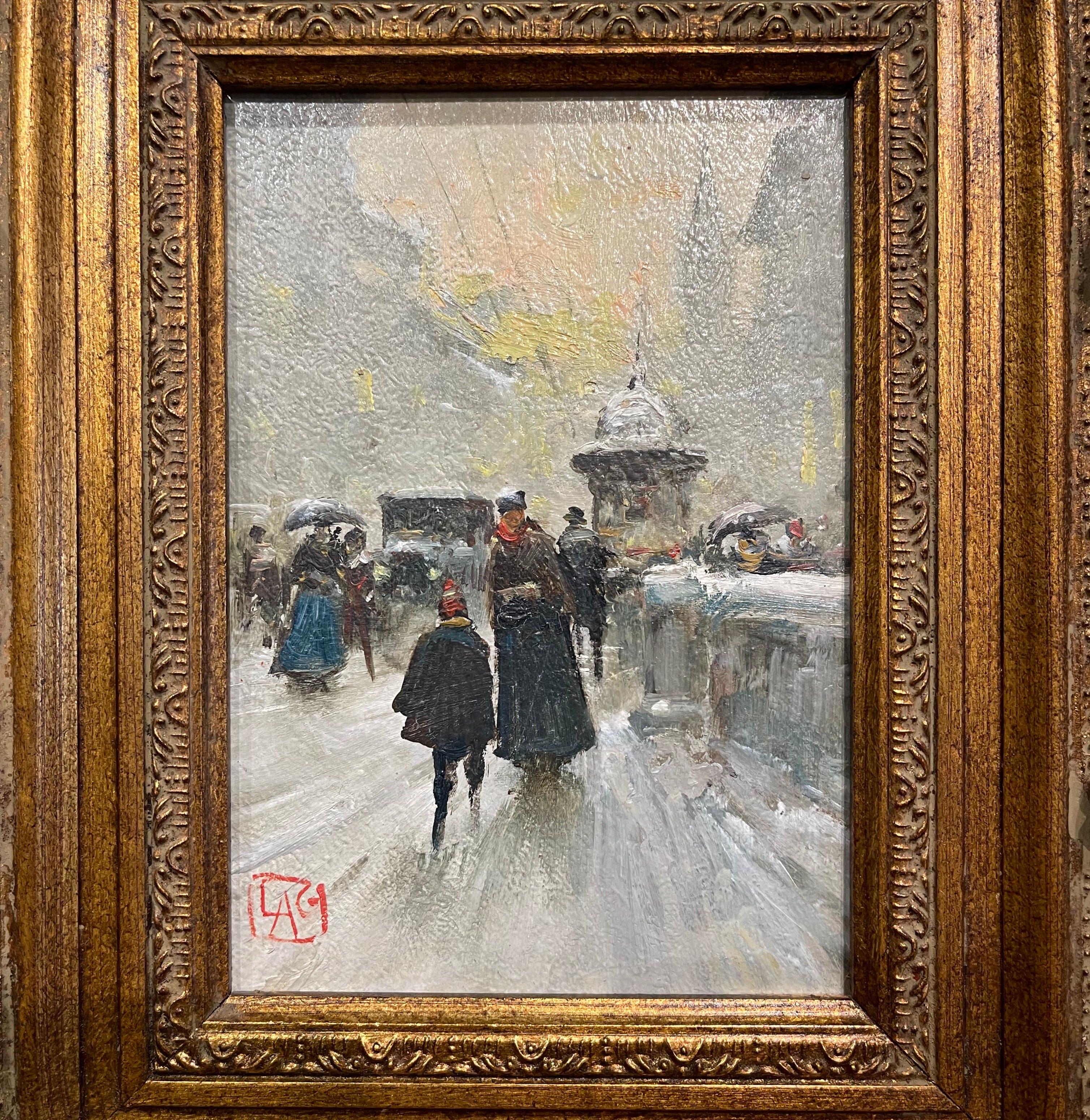 Art Nouveau Coppia di dipinti su tavola di scene di strada italiane firmati Luca Andrea Guizzardi