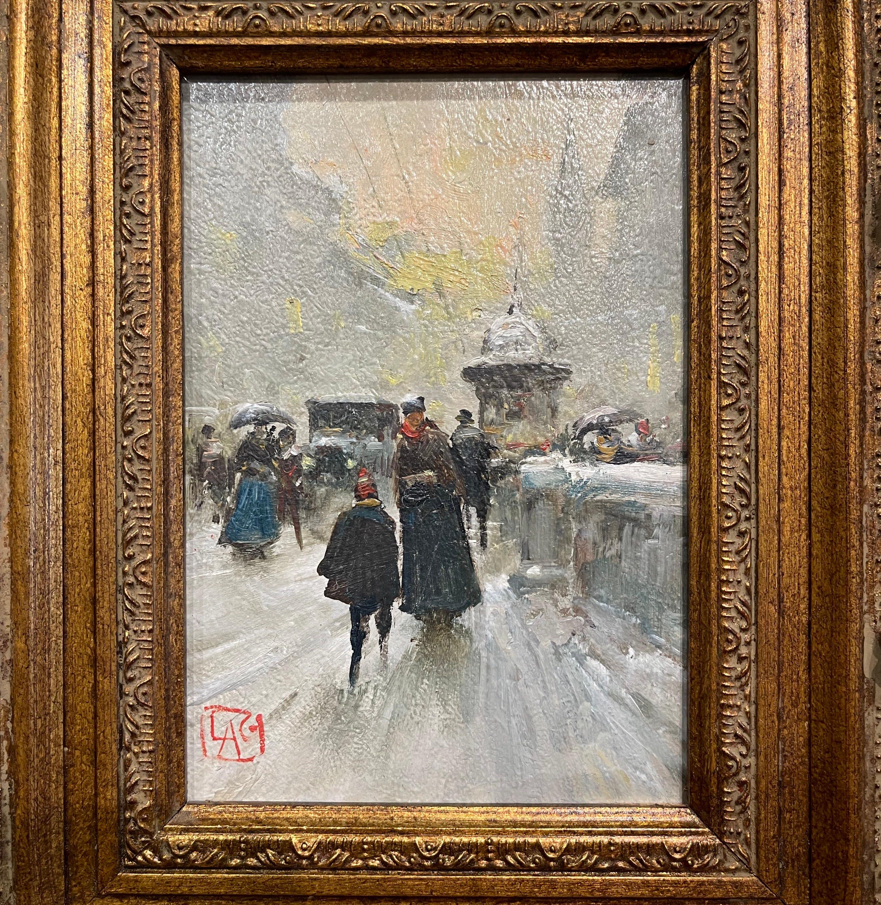 Art Nouveau Pair of Italian Street Scene Paintings on Board Signed Luca Andrea Guizzardi For Sale