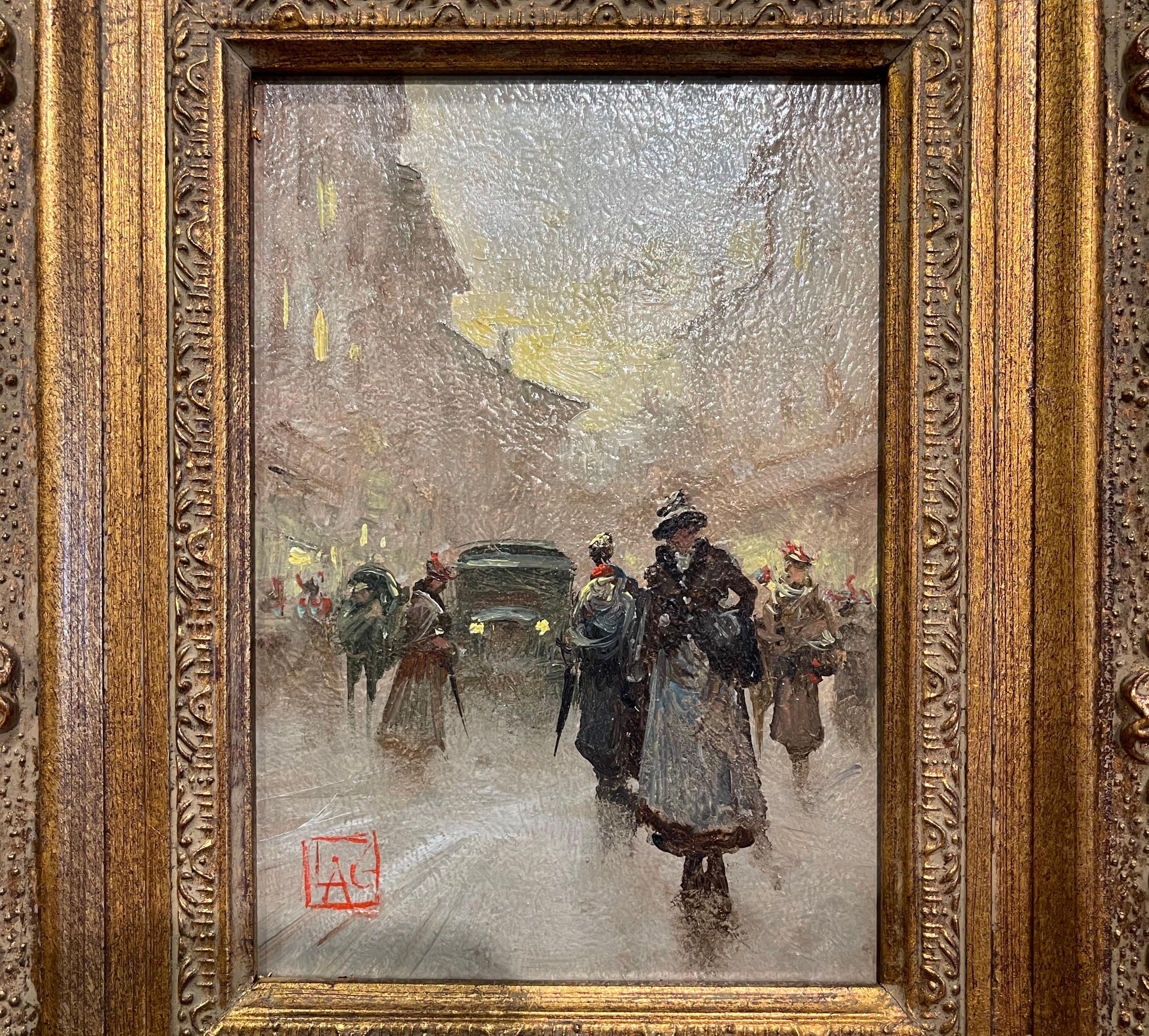 Pair of Italian Street Scene Paintings on Board Signed Luca Andrea Guizzardi In Excellent Condition For Sale In Dallas, TX