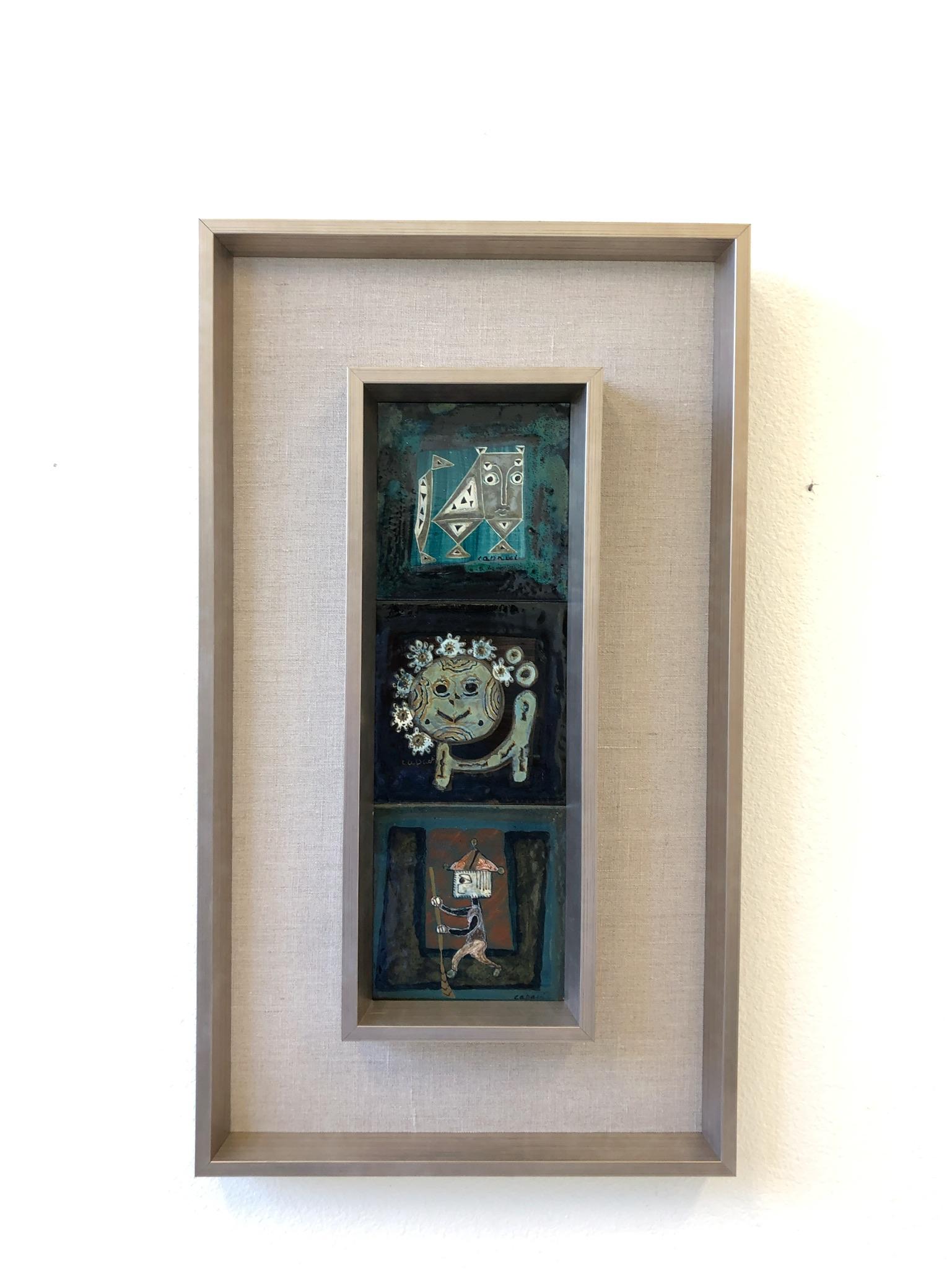 A pair of Italian studio ceramics hand-painted and glazed tiles by Bruno Capacci.
Set of three tiles in each frame. Newly reframe as originally frames. The frames are wood lacquere silver. Each tile is sign Capacci.

Measures: 27.5” high x 15.75”