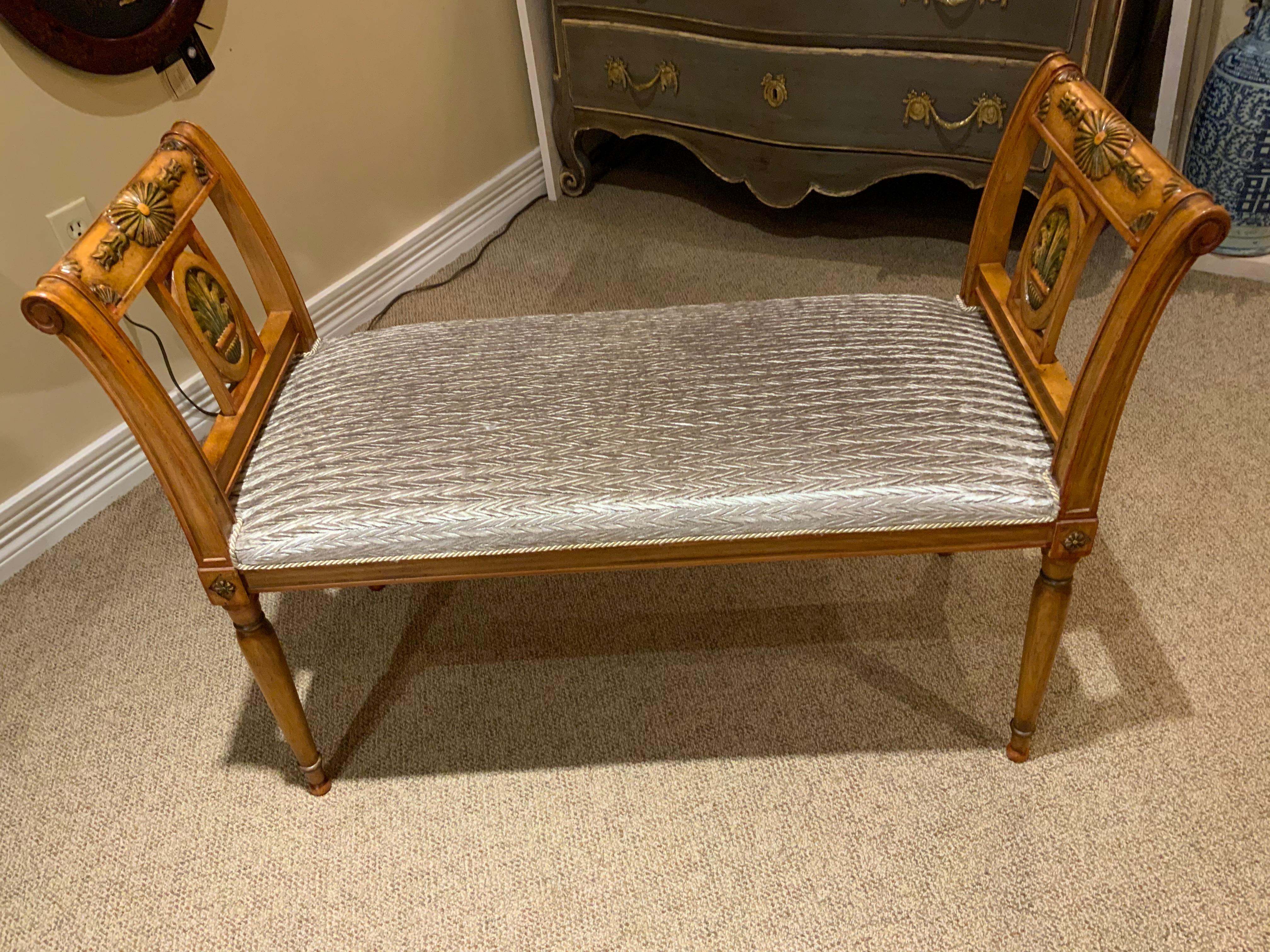 Pair of Italian Style Benches in a Honey Color with Painted Embellishments In Good Condition In Houston, TX