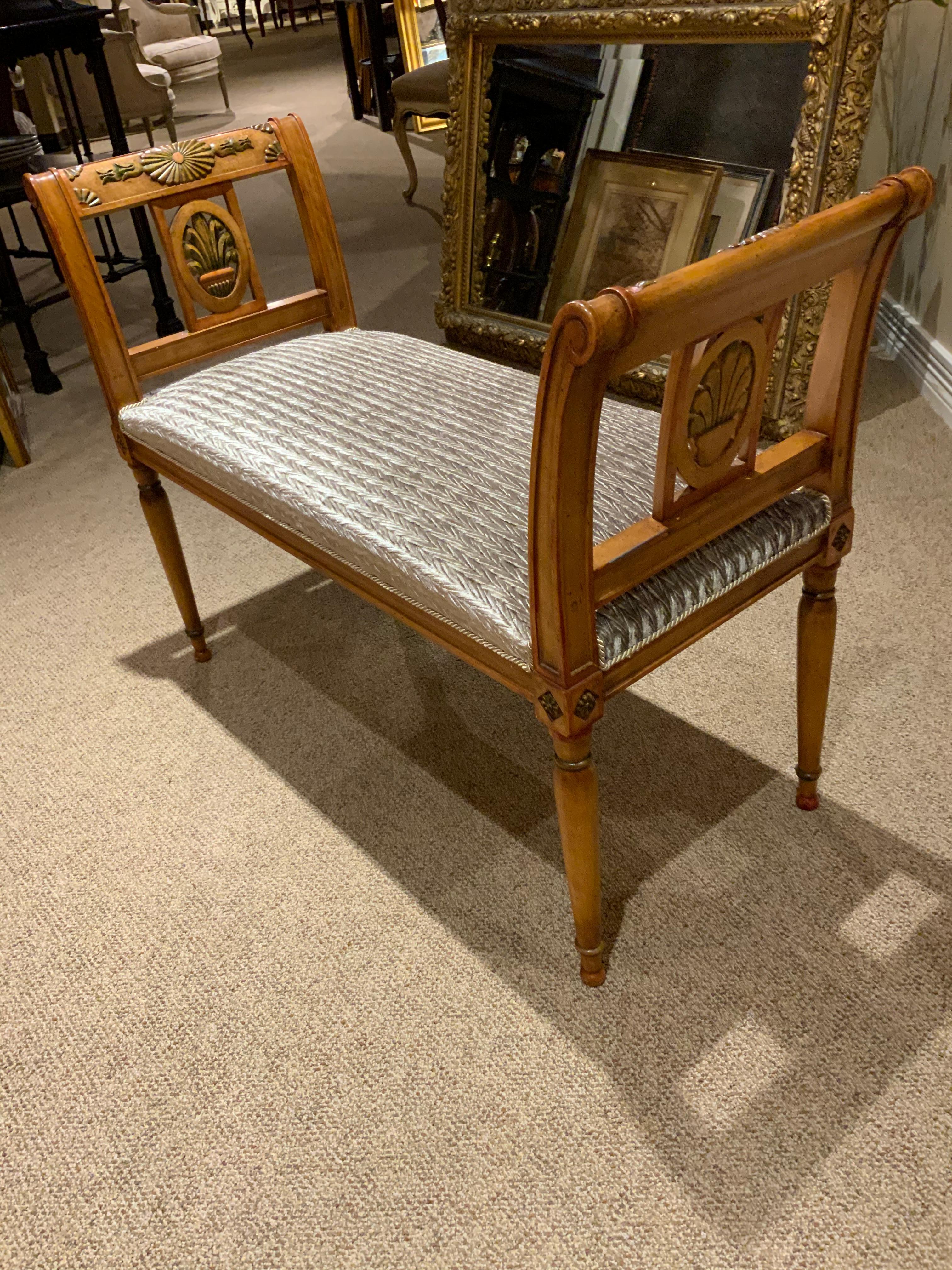 Hardwood Pair of Italian Style Benches in a Honey Color with Painted Embellishments