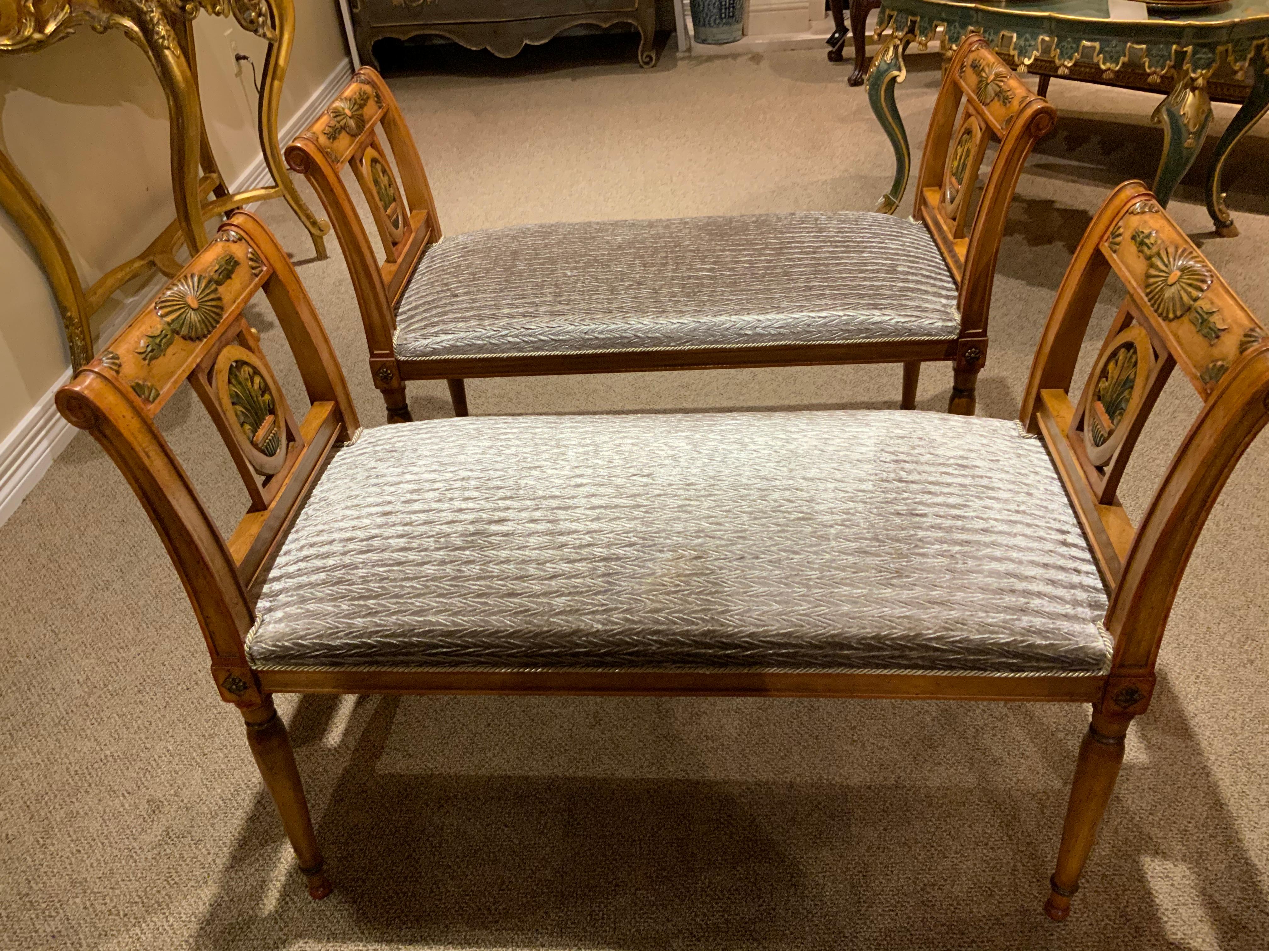 Pair of Italian Style Benches in a Honey Color with Painted Embellishments 1