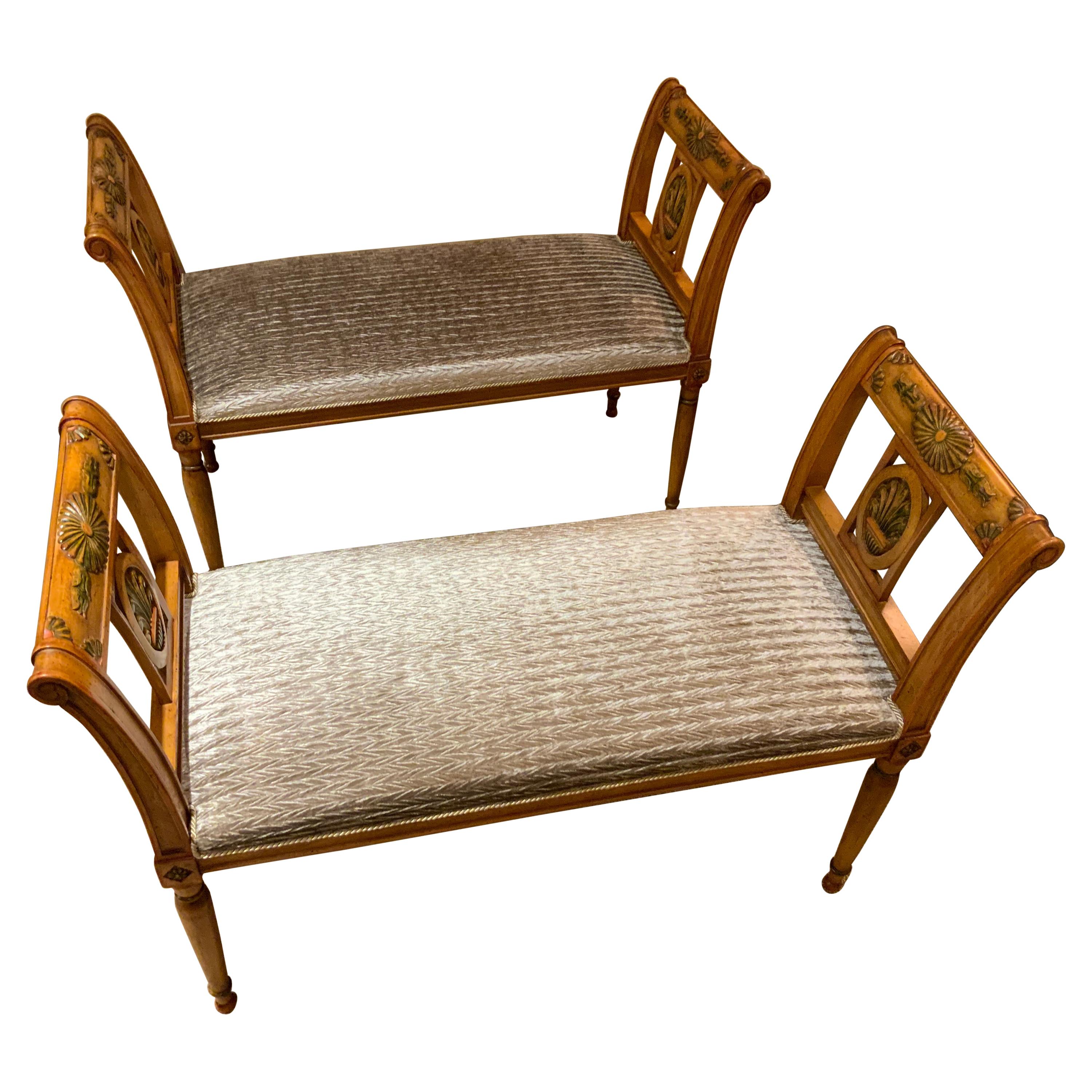 Pair of Italian Style Benches in a Honey Color with Painted Embellishments