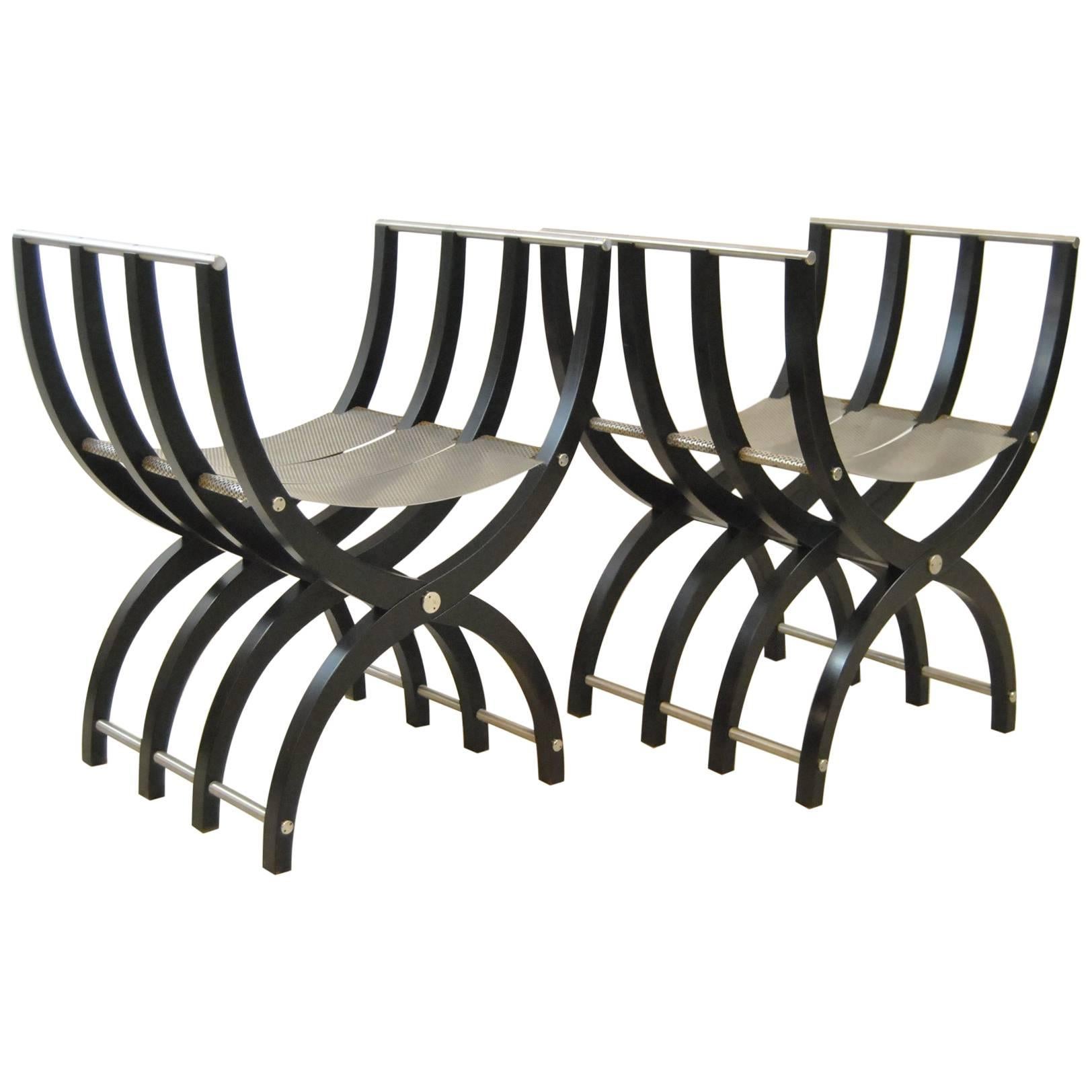 Pair of Italian Style Black Lacquer Savonarola Chairs For Sale