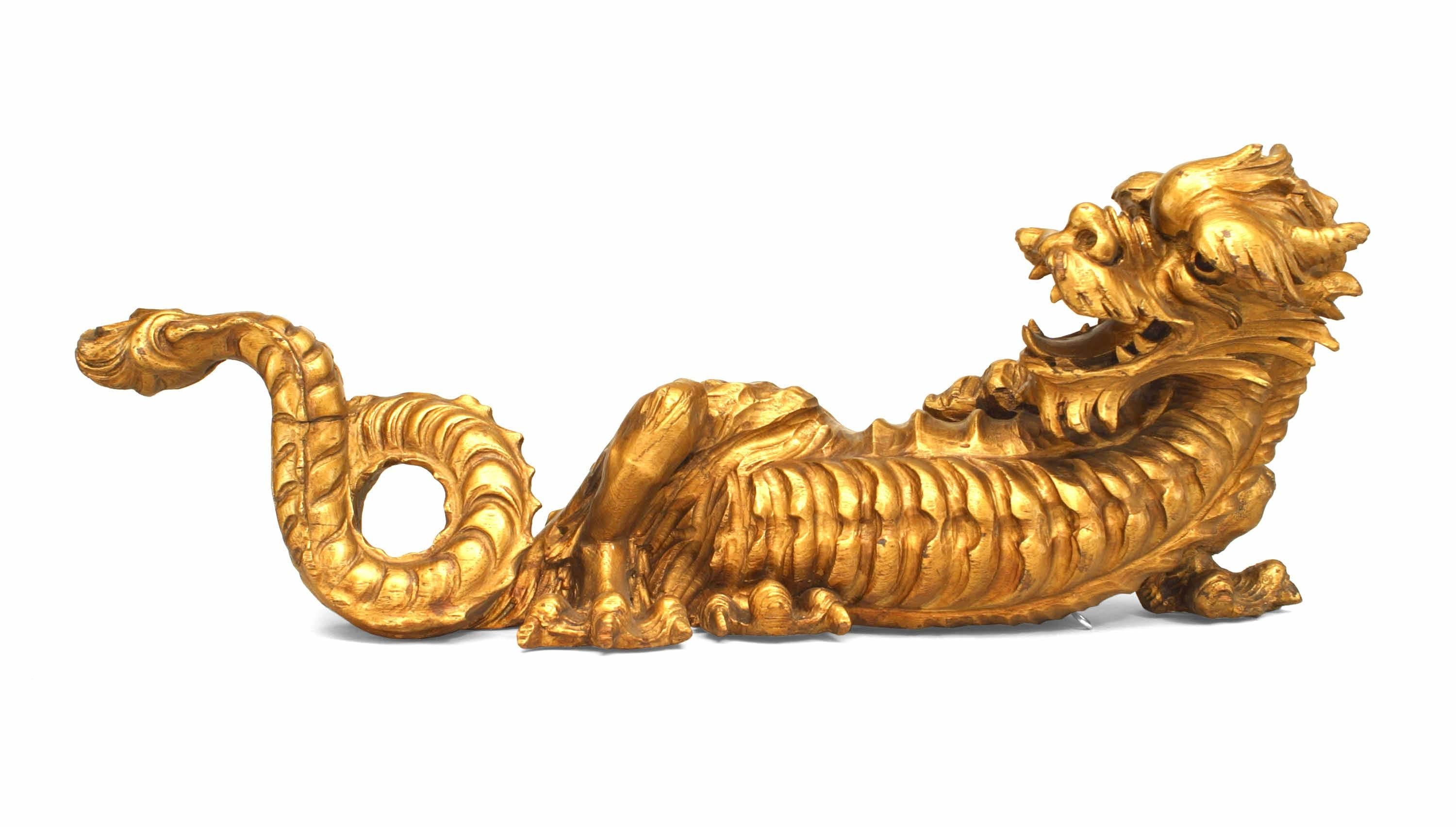 Hand-Carved Pair of Italian Carved Gold Painted Dragons