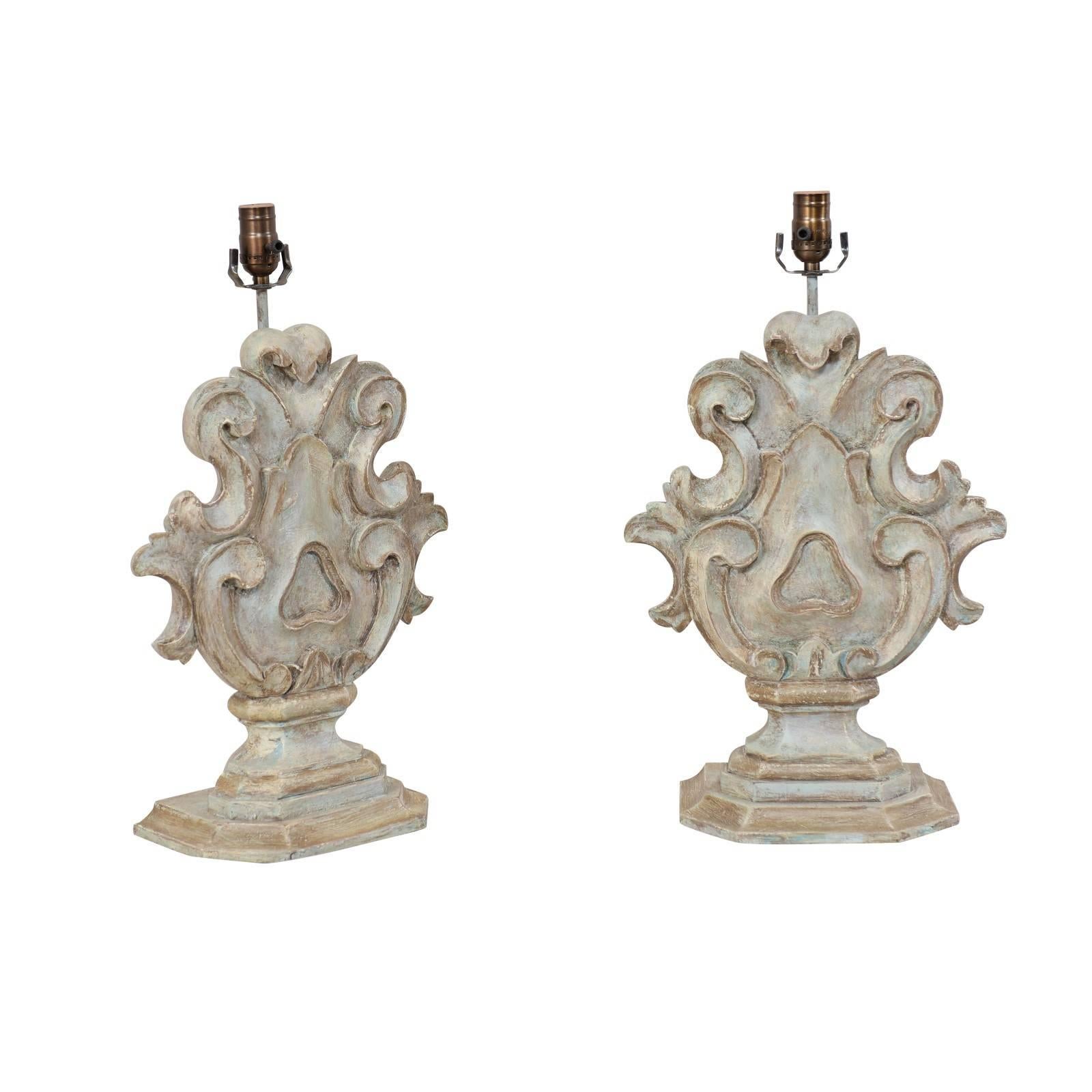 Pair of Italian Style Carved and Painted Wood Acanthus Leaf Motif Table Lamps