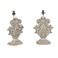 Pair of Italian Style Carved and Painted Wood Acanthus Leaf Motif Table Lamps