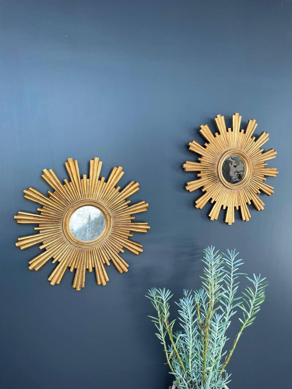 American Pair of Italian-Style Gilt-Wood Sunburst Mirrors Modern Farmhouse