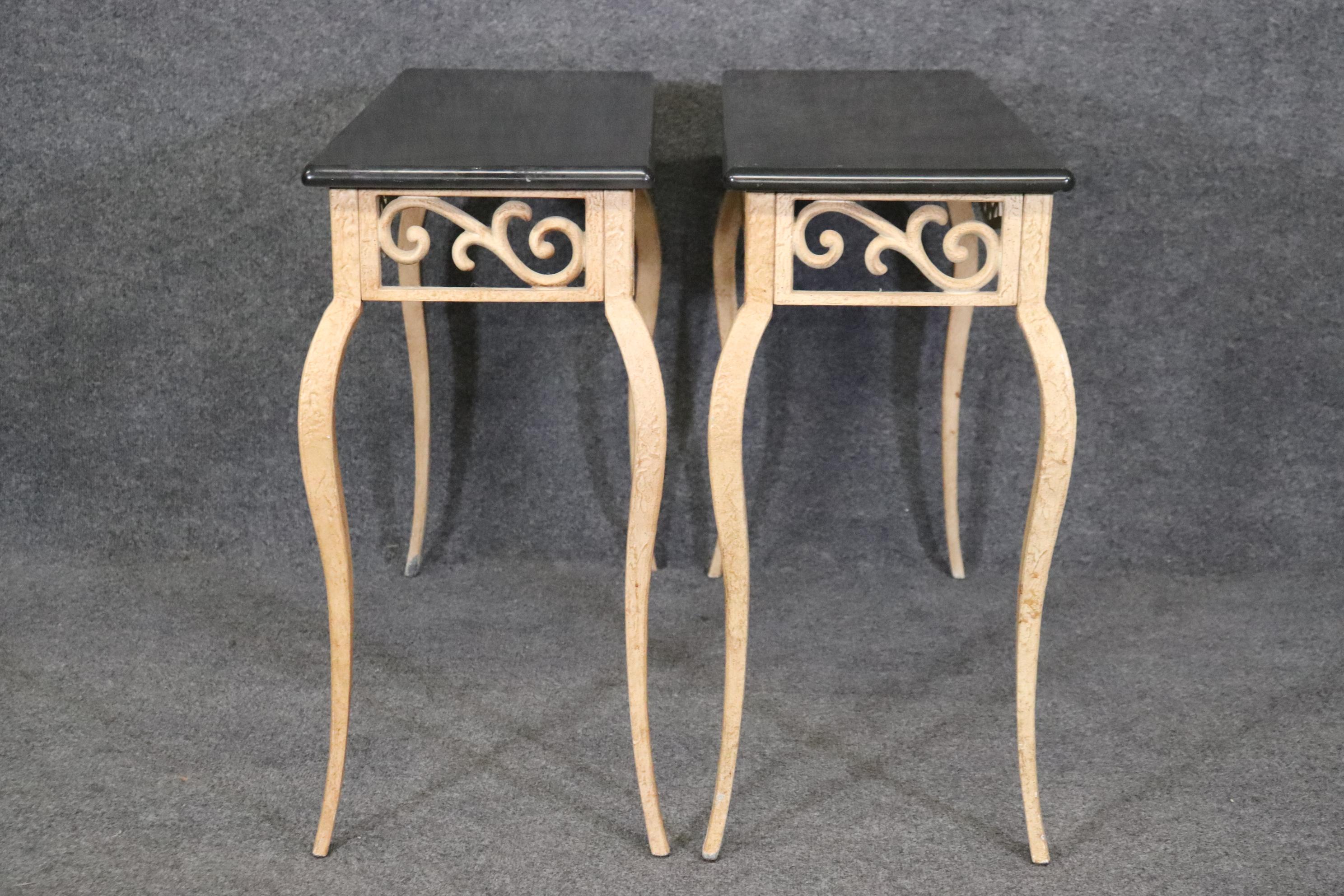 Regency Pair of Italian Style Metal Consoles With Faux Marble Tops