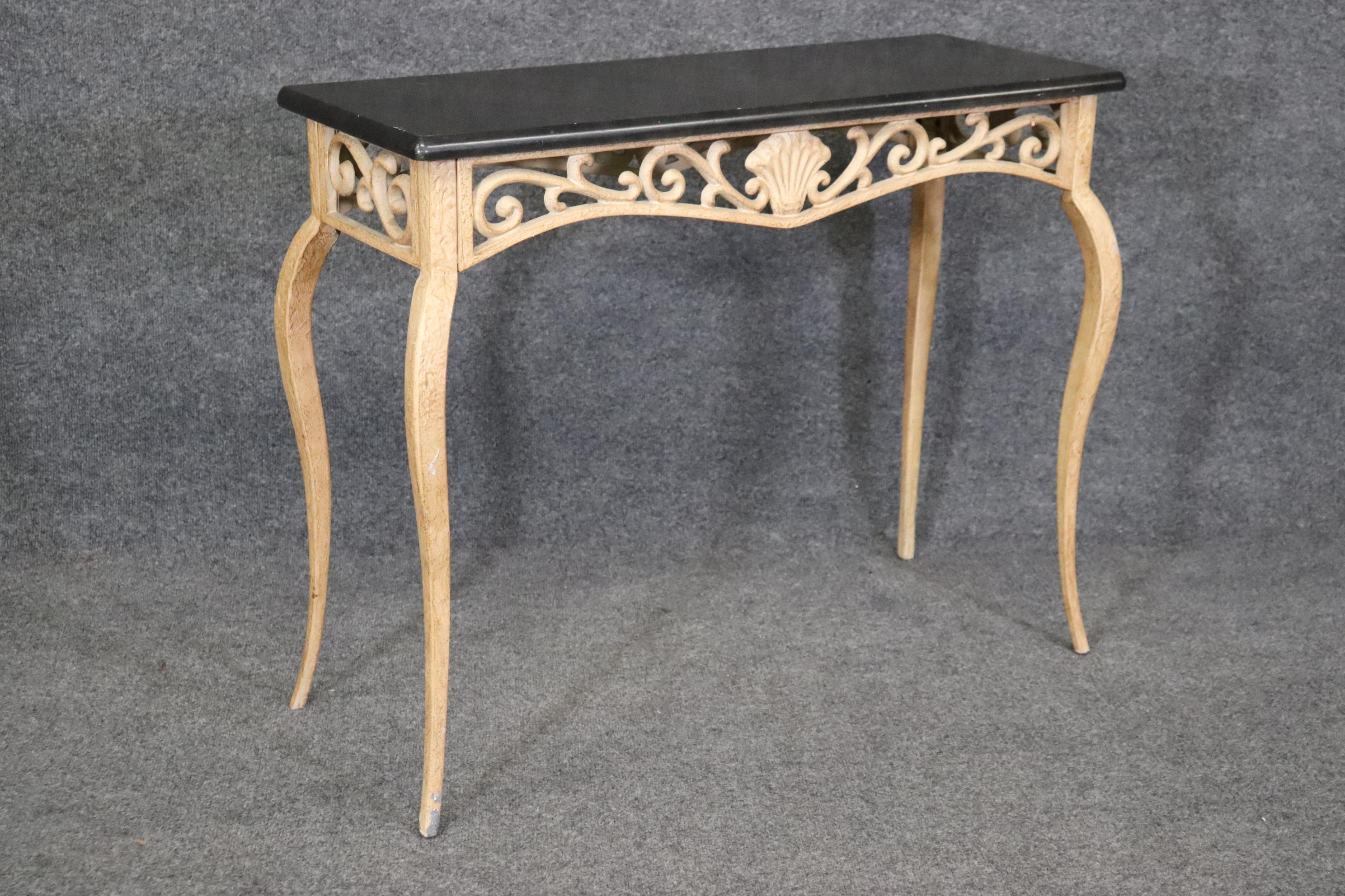 Cast Pair of Italian Style Metal Consoles With Faux Marble Tops