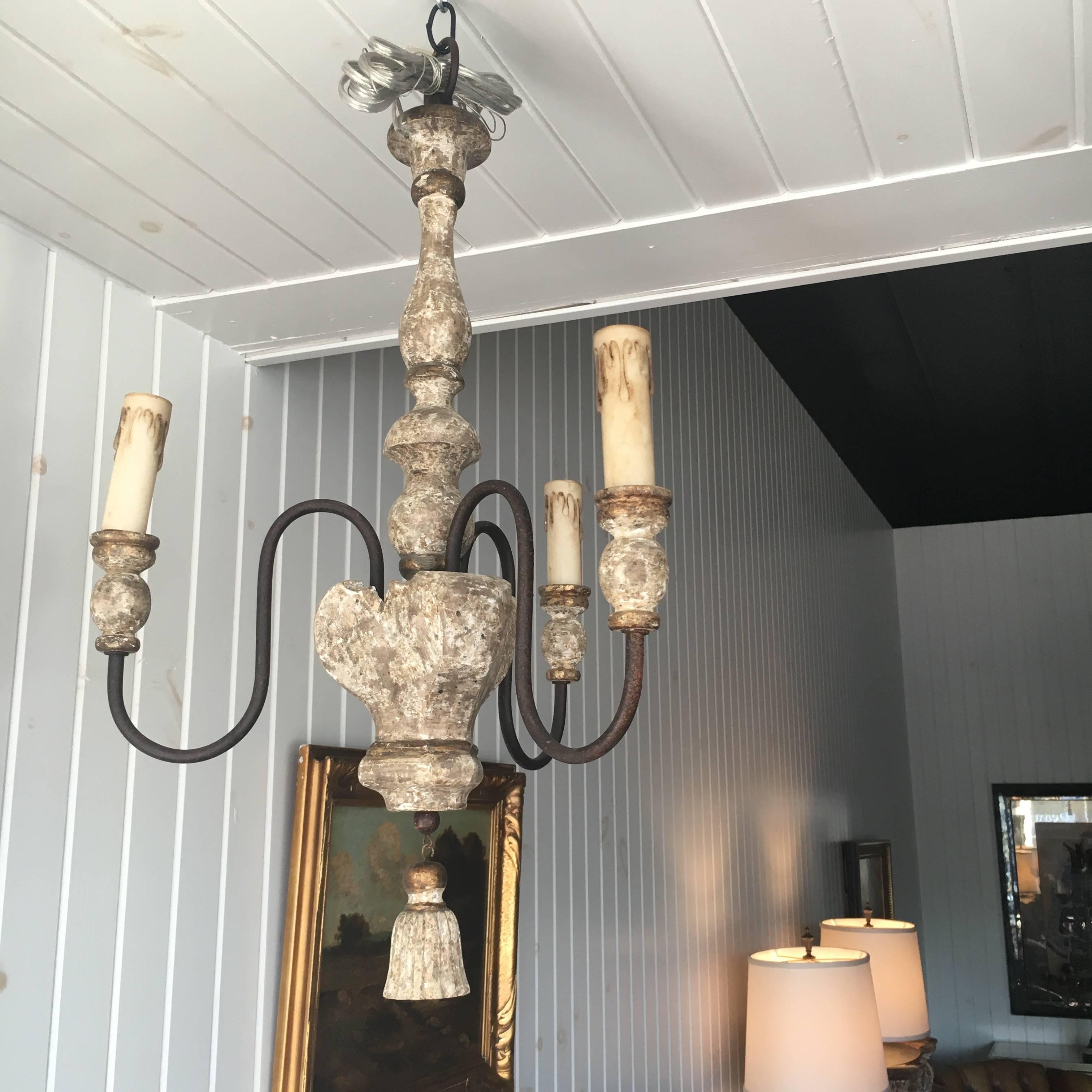 Tôle Pair of Italian Style, Three-Arm Chandelier with Tassel Detail