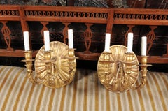 Pair of Italian Sun Burst Giltwood 3-Arm Sconces, circa 1880