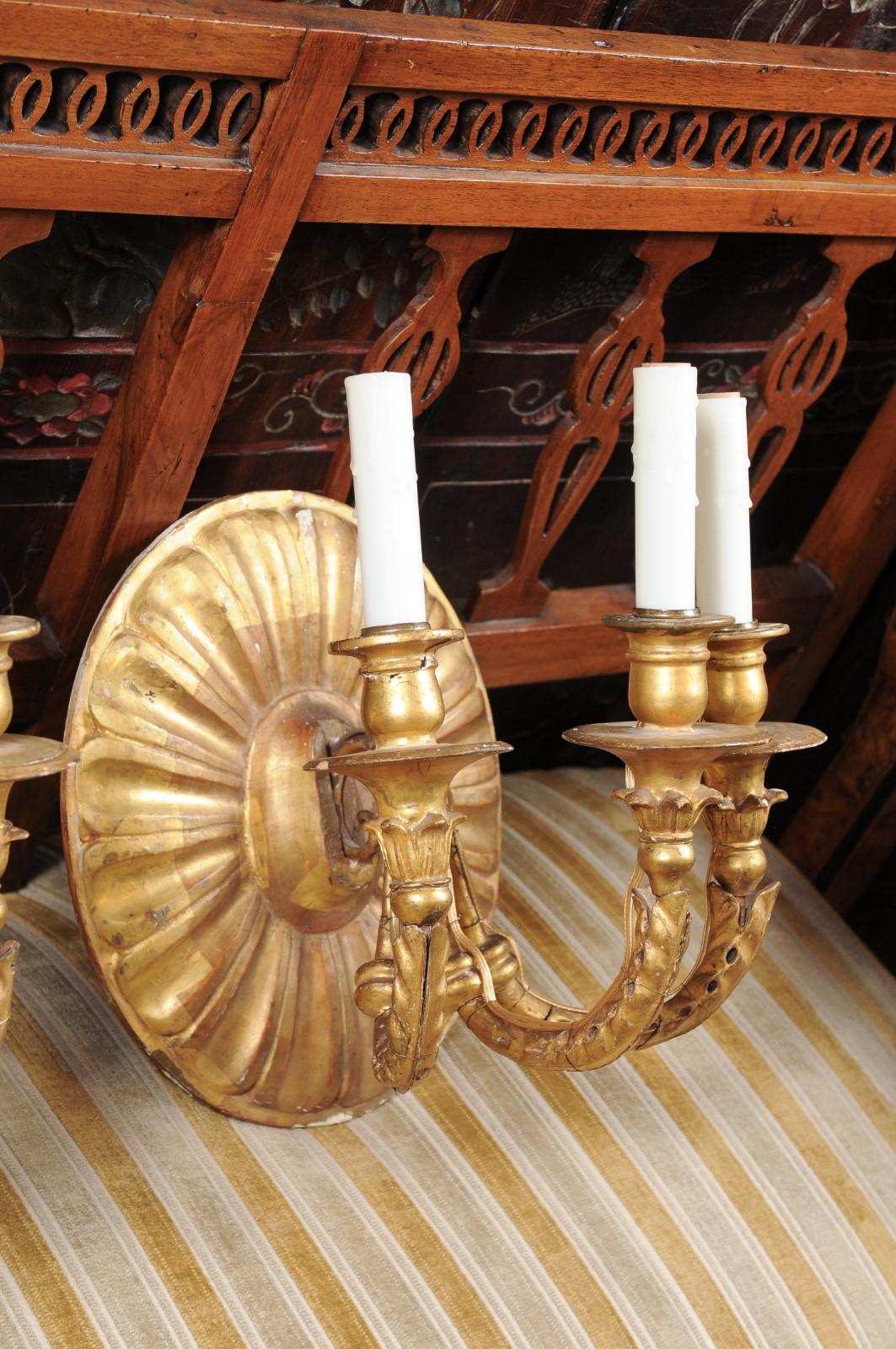 Pair of Italian Sun Burst Giltwood 3-Arm Sconces, circa 1880 In Good Condition In Atlanta, GA