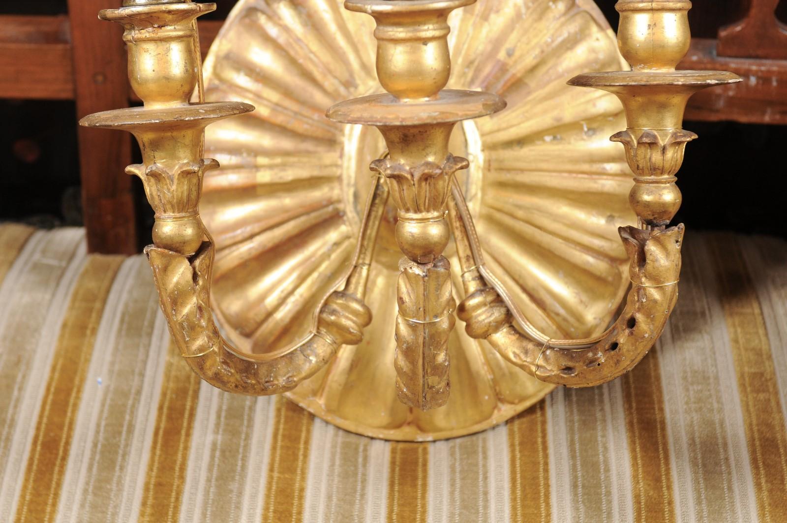 Pair of Italian Sun Burst Giltwood 3-Arm Sconces, circa 1880 3