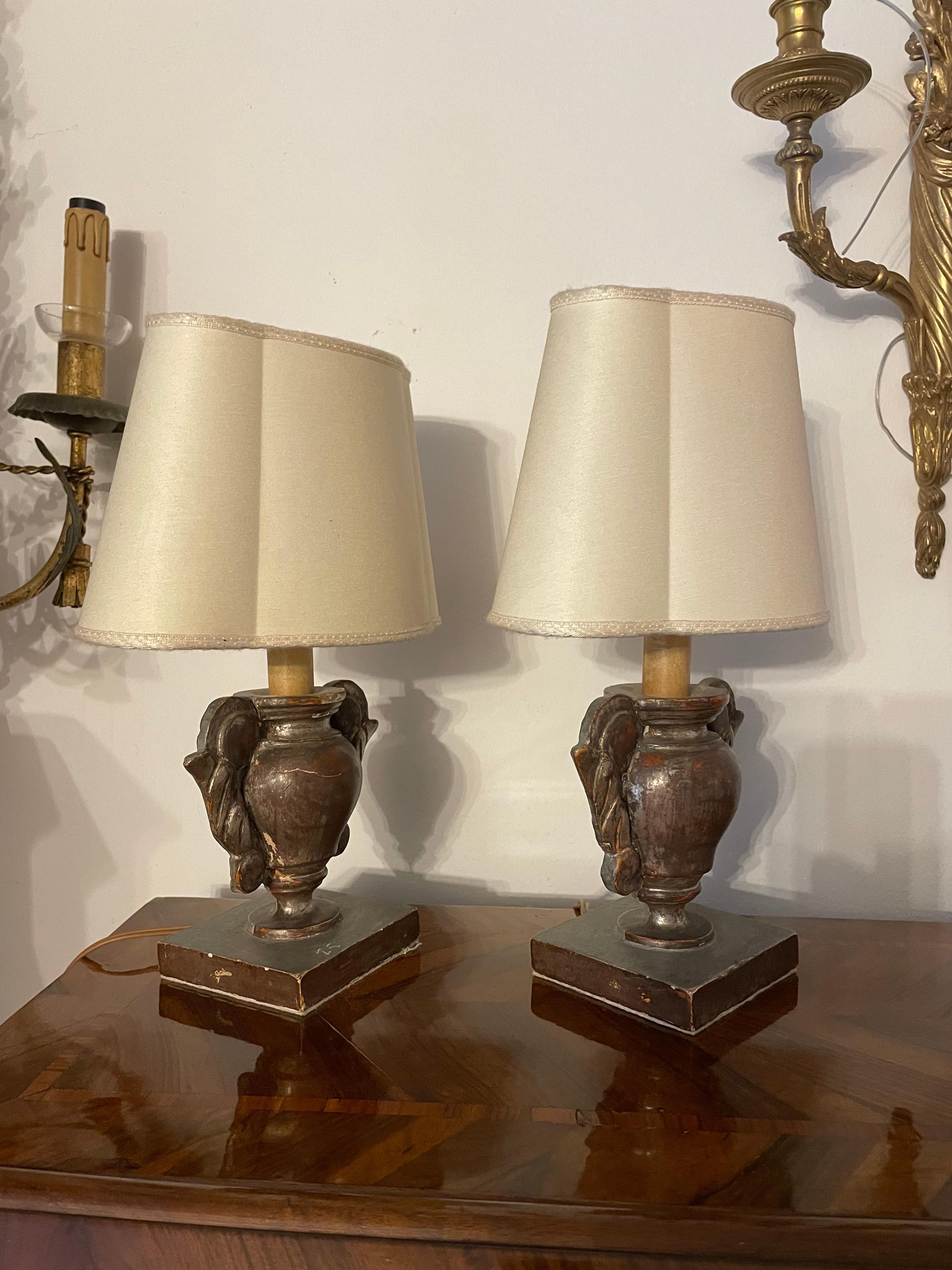 Turned Pair of Italian Table Lamps 19th Century Pair of Dark Silver-Leaf Carved Vases