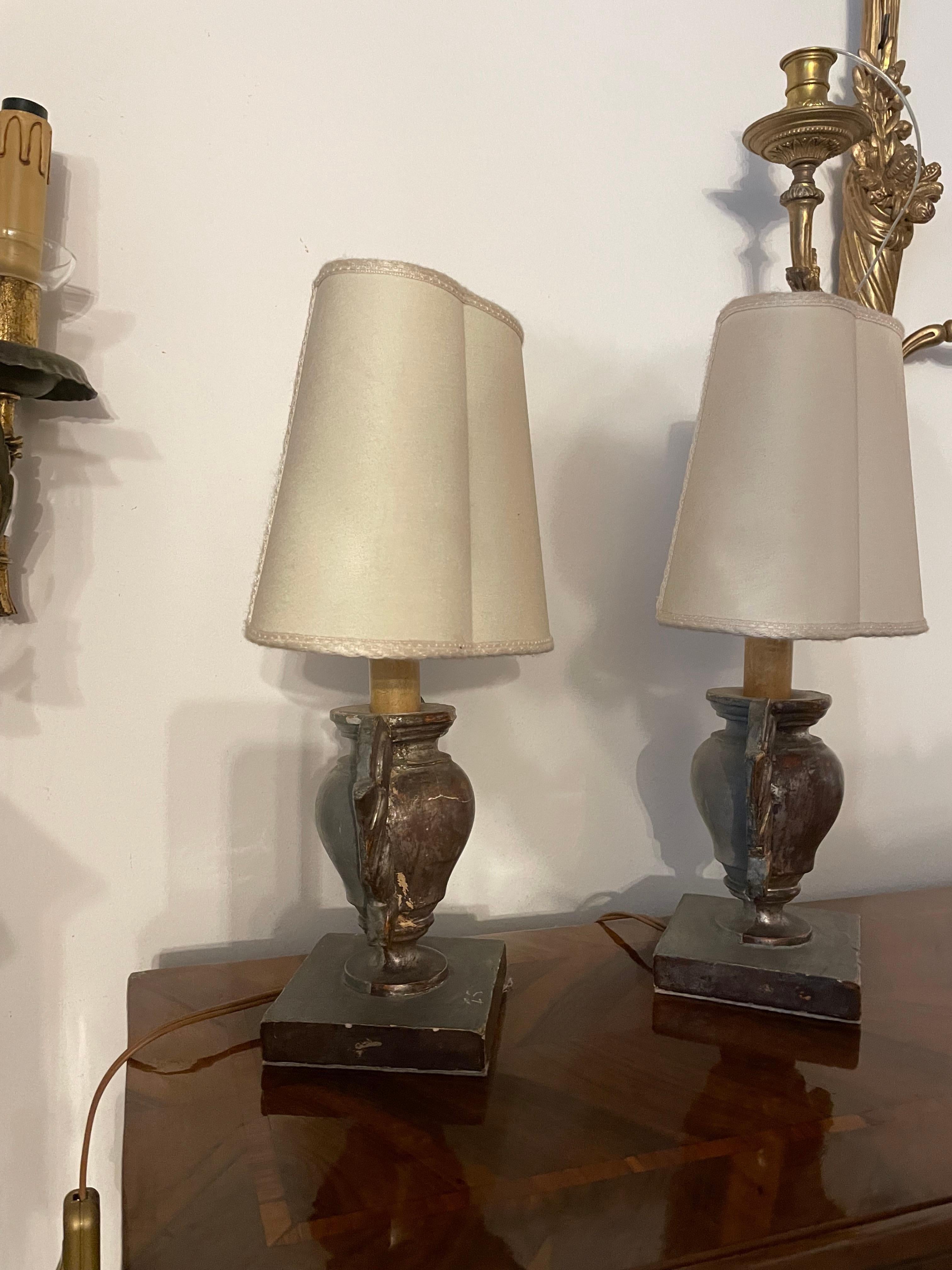 Pair of Italian Table Lamps 19th Century Pair of Dark Silver-Leaf Carved Vases 1