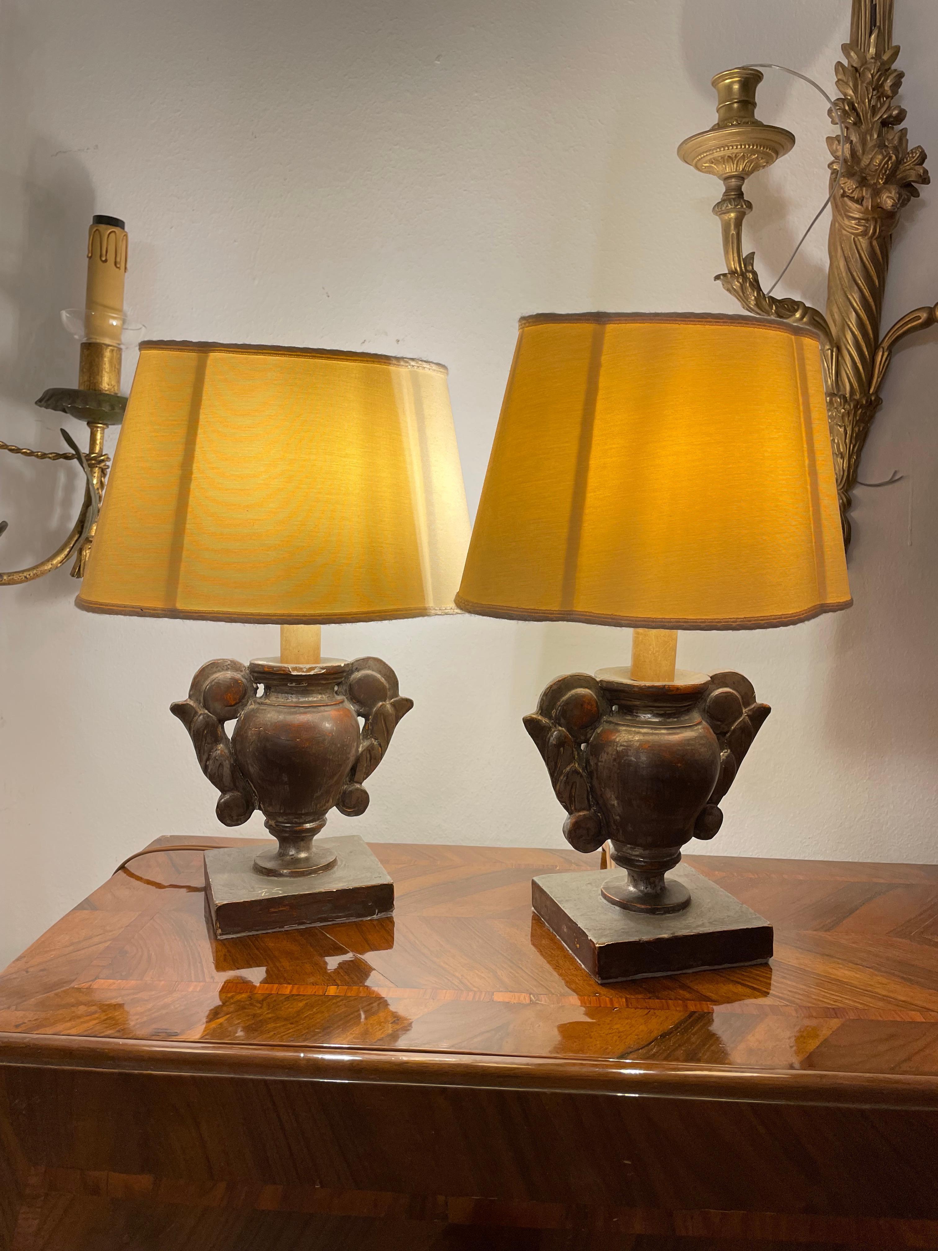 Pair of Italian Table Lamps 19th Century Pair of Dark Silver-Leaf Carved Vases 2