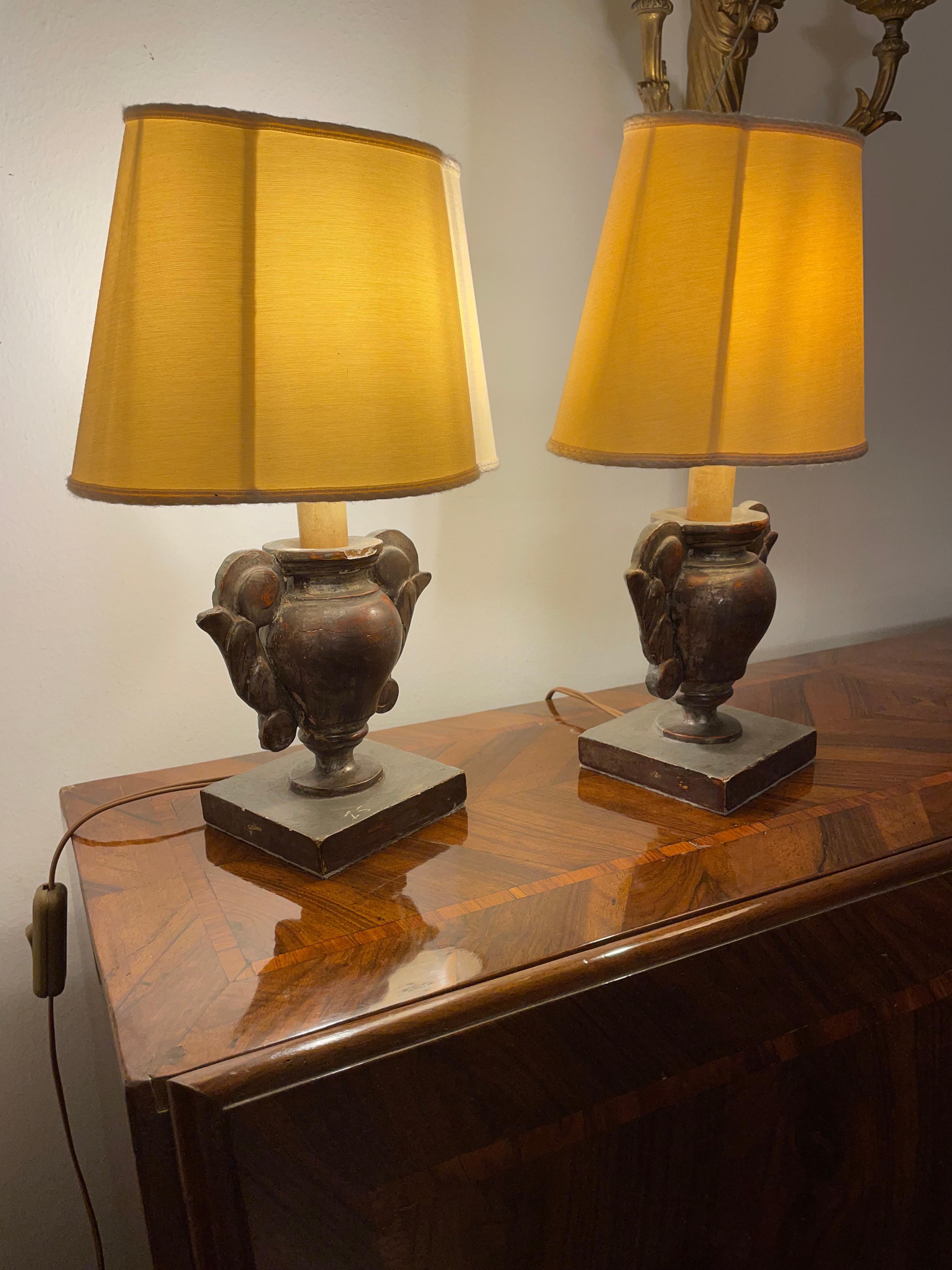 Pair of Italian Table Lamps 19th Century Pair of Dark Silver-Leaf Carved Vases 3