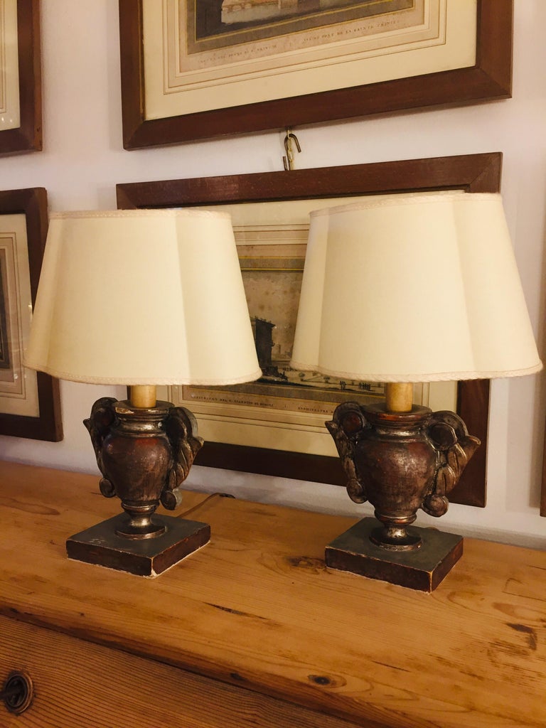 Turned Pair of Italian Table Lamps 19th Century Pair of Portapalme Altar Vases For Sale