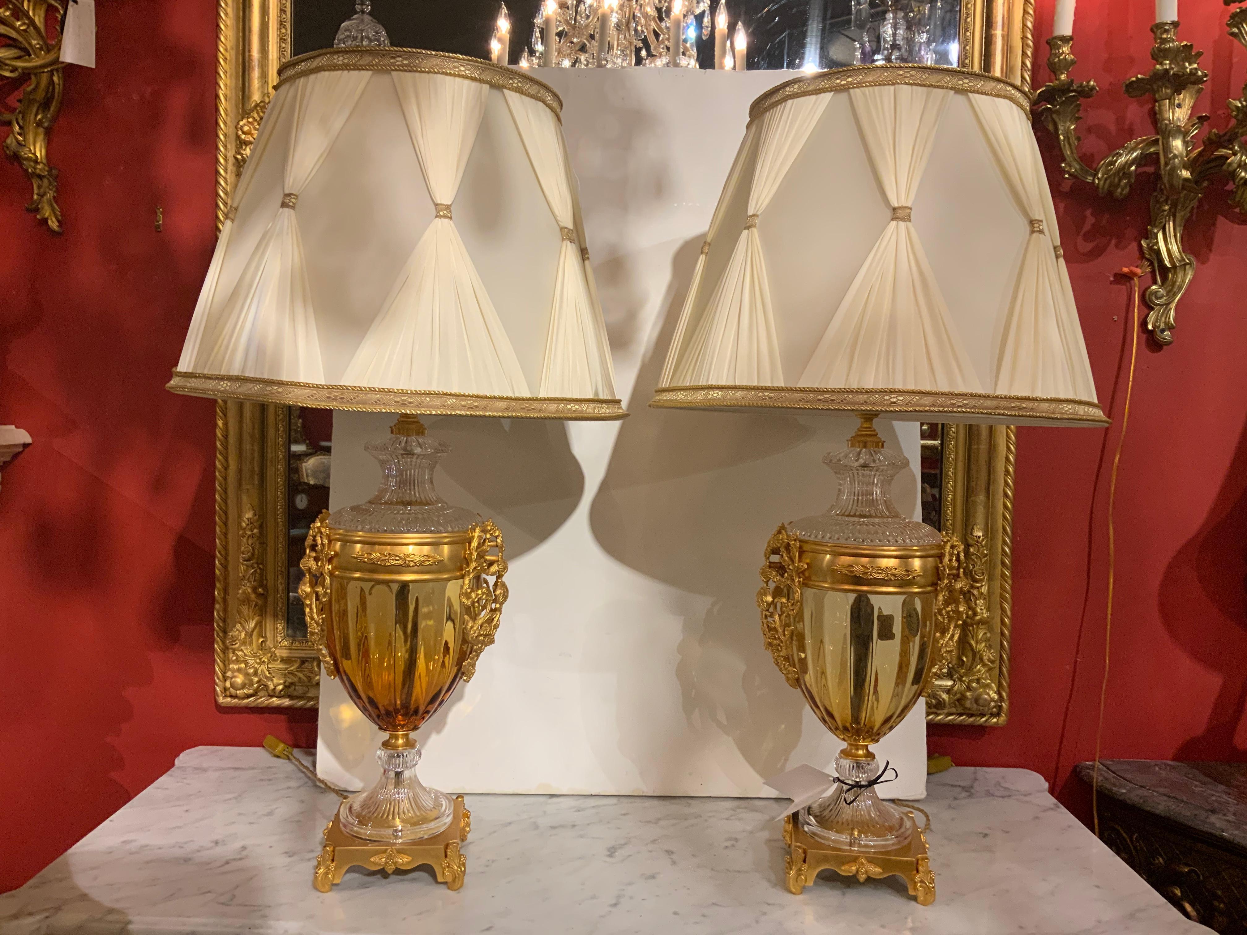 Pair of Italian Table Lamps by Baldi, Gold and Clear Crystal with Bronze Mounts In Excellent Condition For Sale In Houston, TX