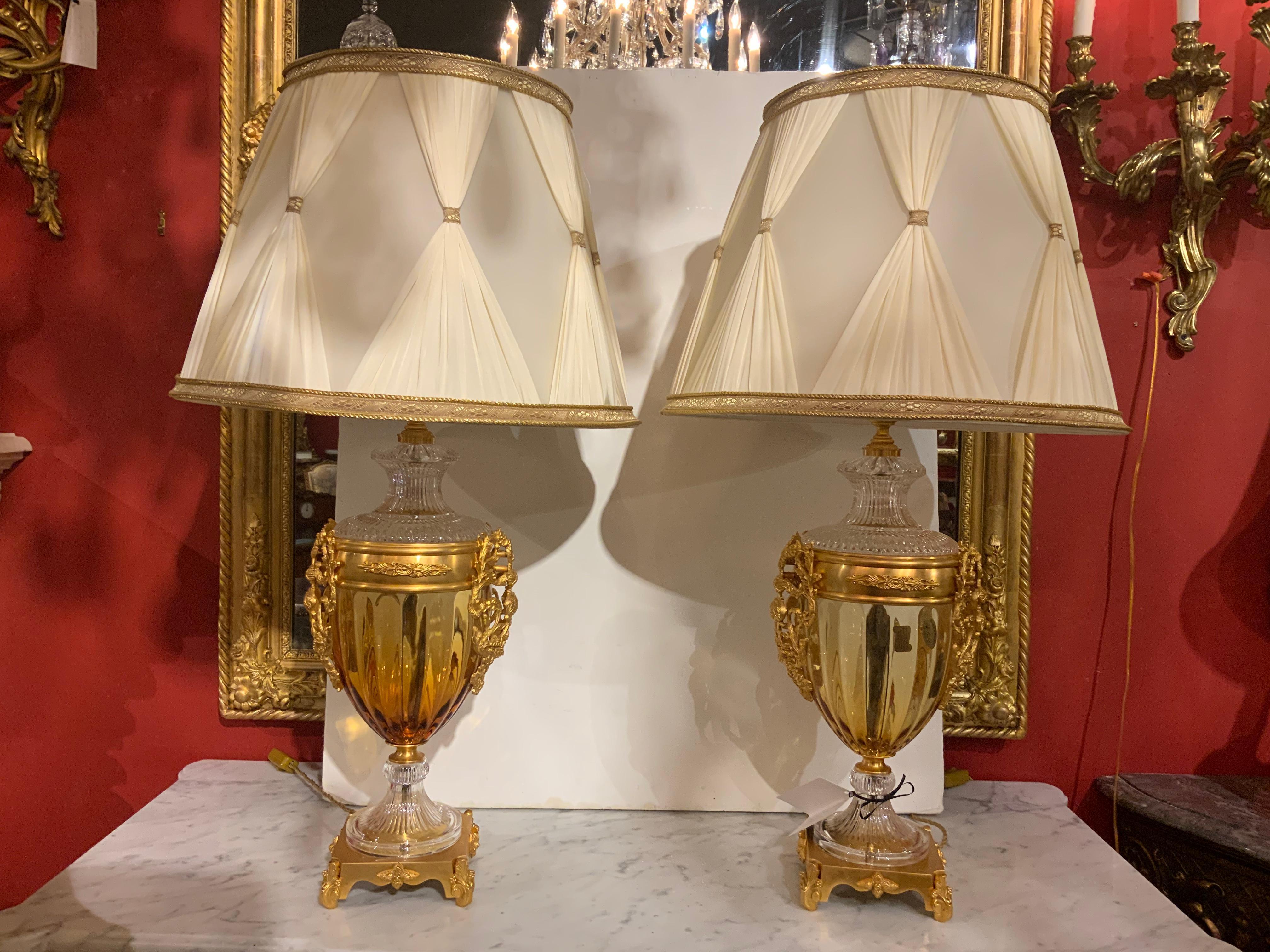 Pair of Italian Table Lamps by Baldi, Gold and Clear Crystal with Bronze Mounts In Excellent Condition In Houston, TX