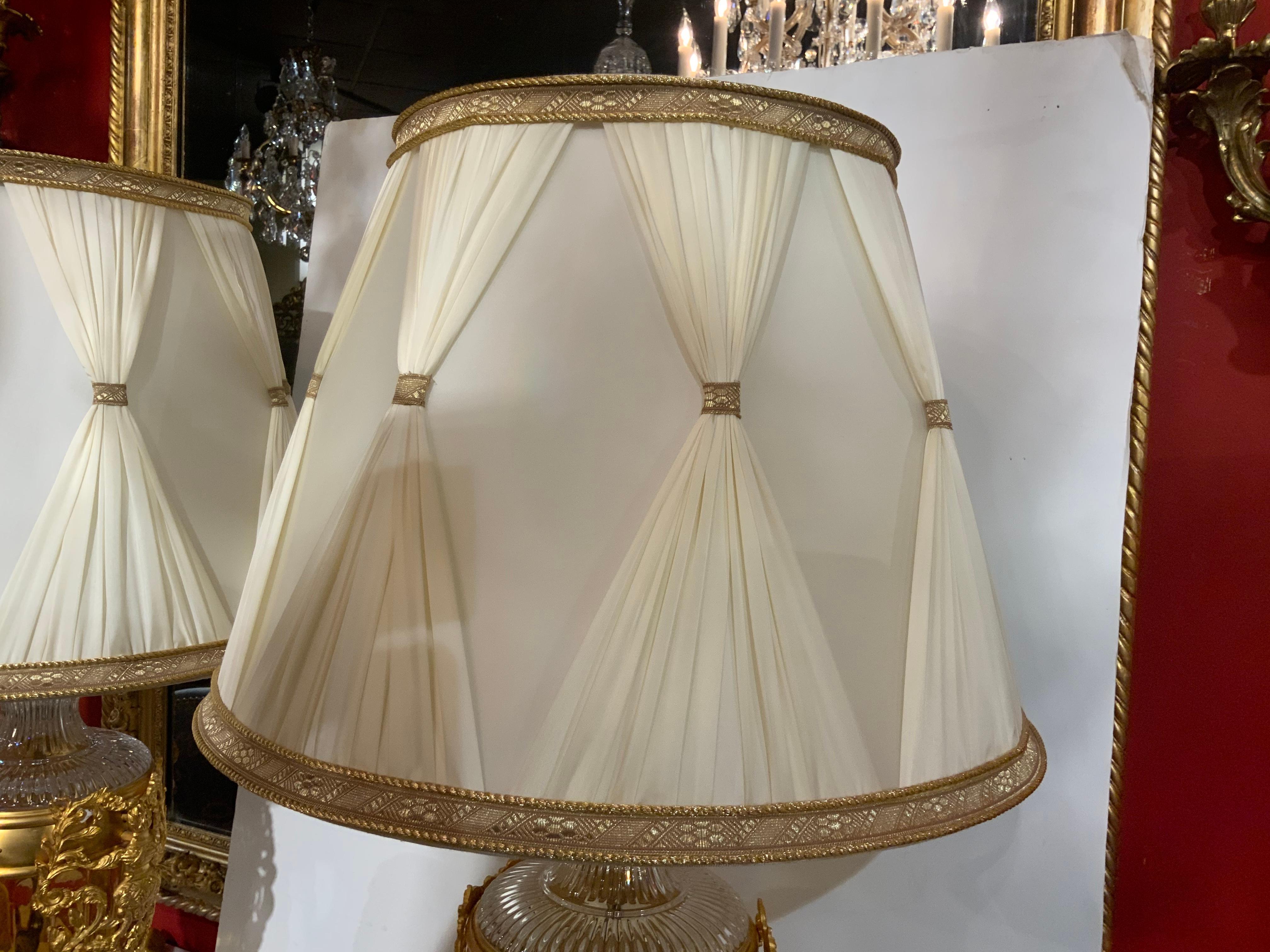 Contemporary Pair of Italian Table Lamps by Baldi, Gold and Clear Crystal with Bronze Mounts For Sale