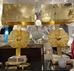 Pair of Italian Table Lamps in Brass & Amber Murano Glass, circa 1980