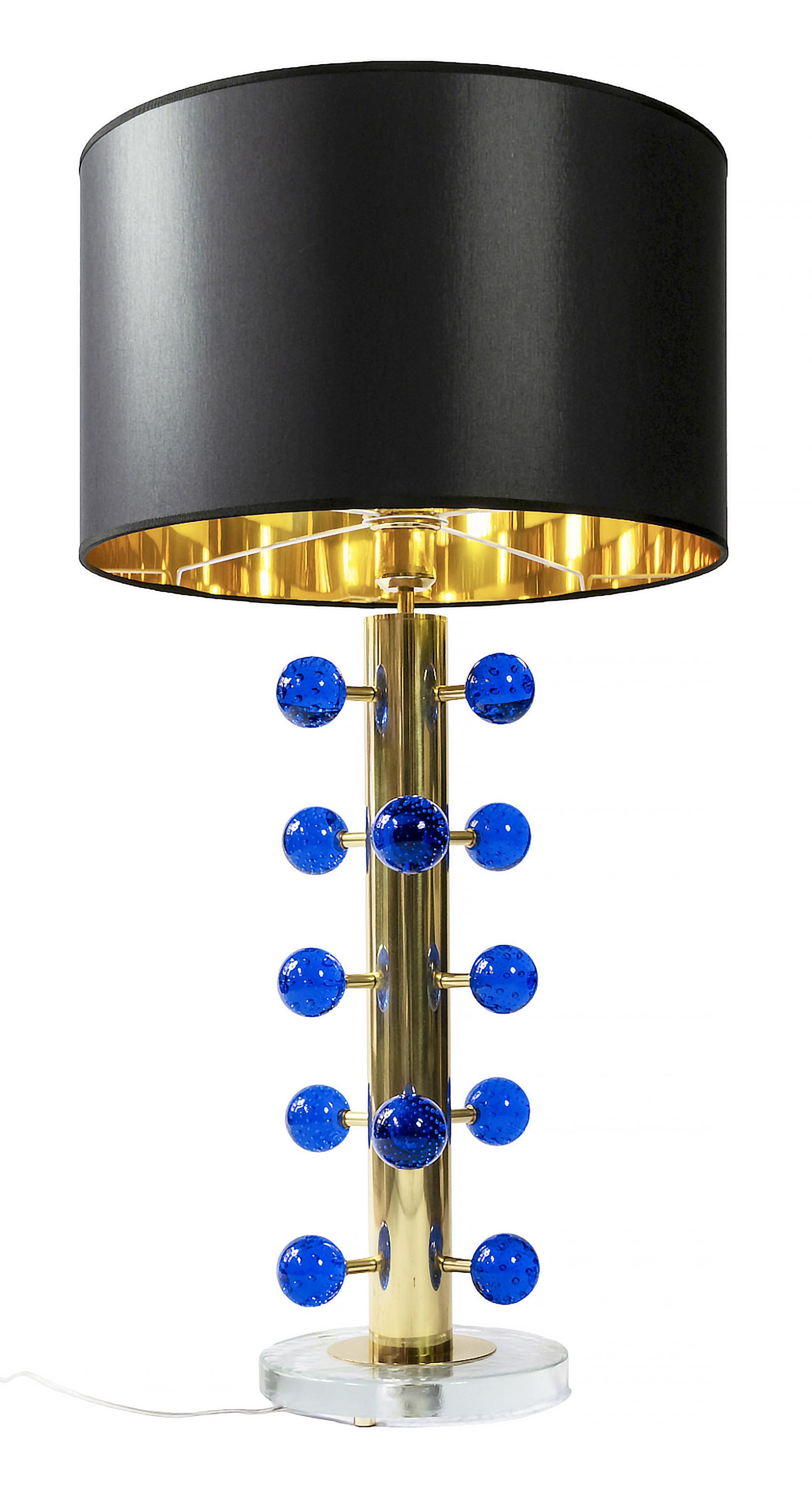 Modern Pair of Italian Table Lamps in Brass and Blue Murano Glass For Sale