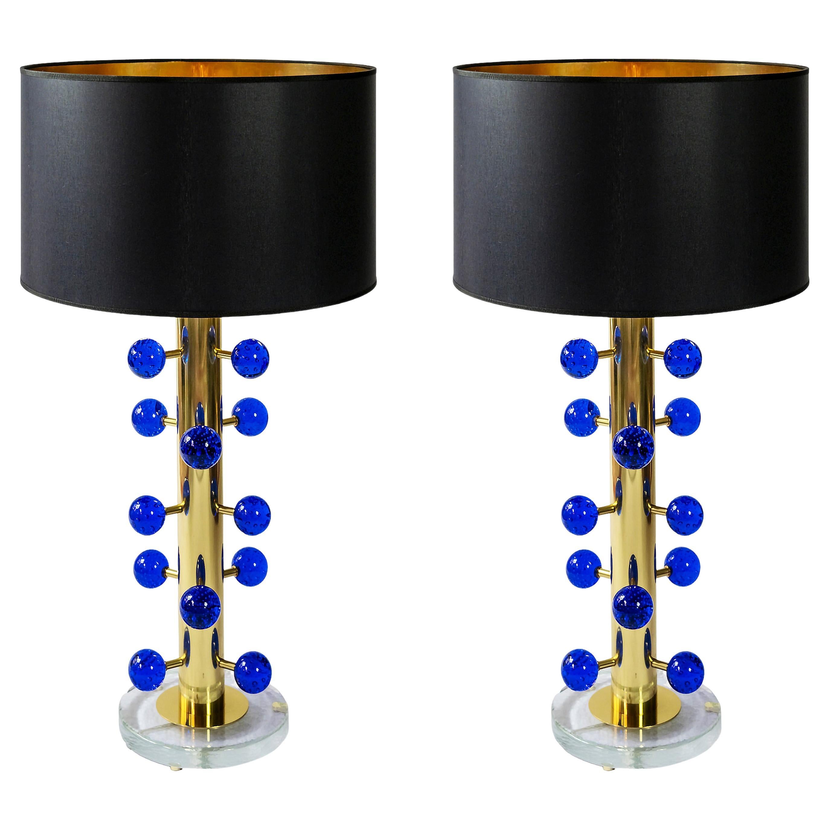 Pair of Italian Table Lamps in Brass and Blue Murano Glass For Sale