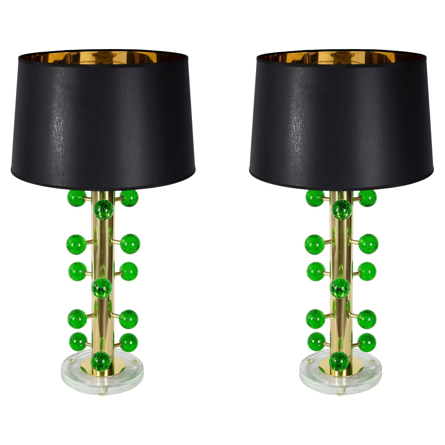 Pair of Italian Table Lamps in Brass and Green Murano Glass