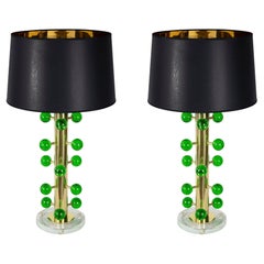 Pair of Italian Table Lamps in Brass and Green Murano Glass
