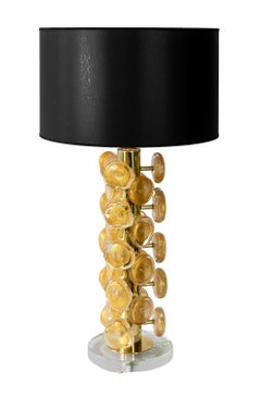 Coppia di lampade da tavolo italiane in ottone e vetro di Murano