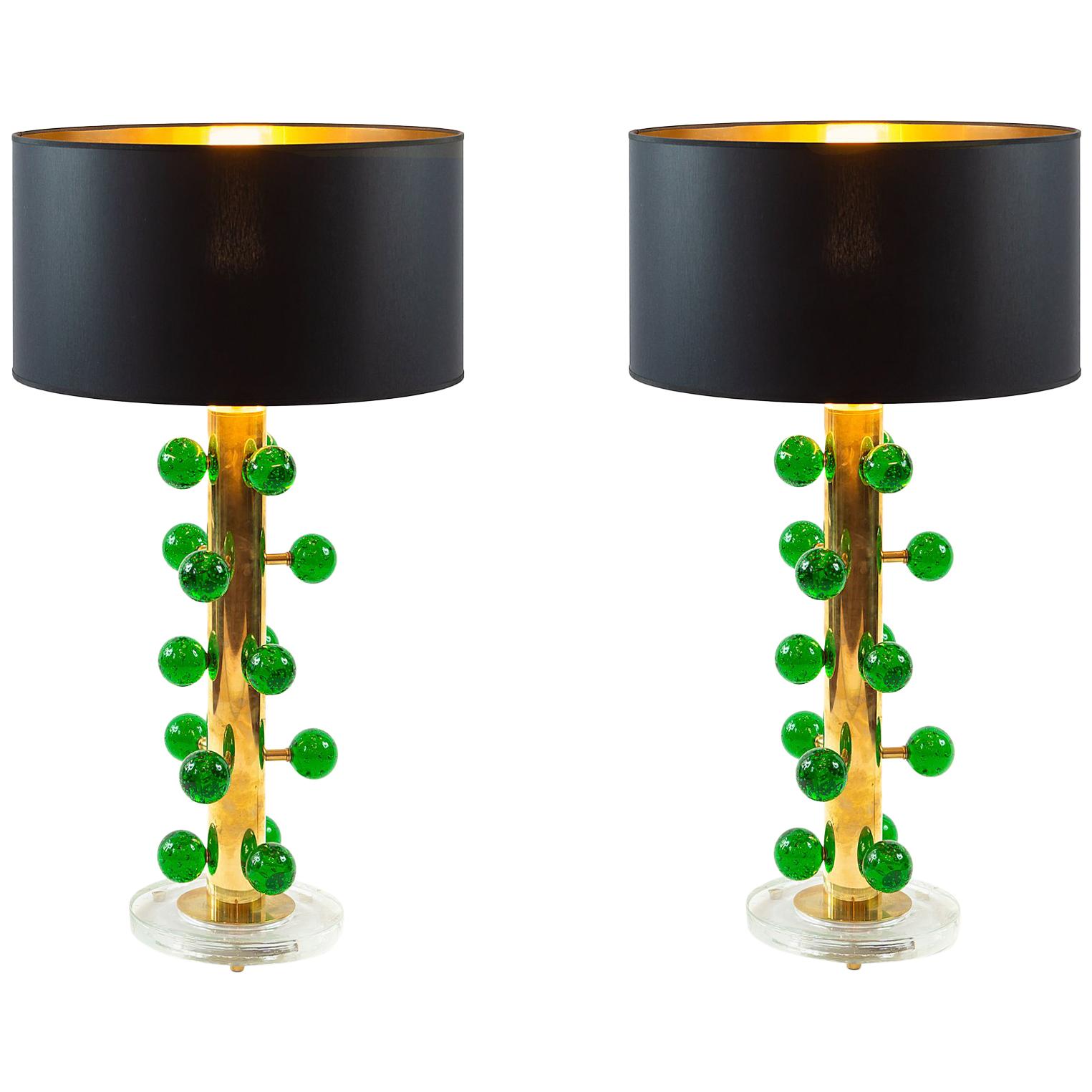 Pair of Italian Table Lamps in Brass and Murano Glass