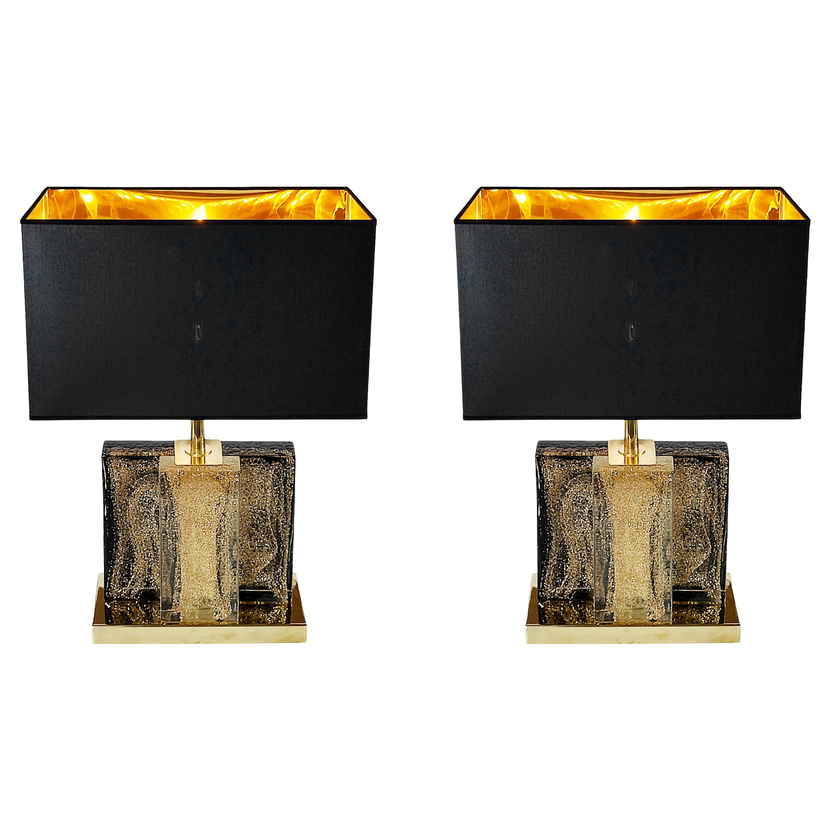 Pair of Italian Table Lamps in Brass and Murano Glass For Sale
