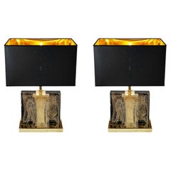 Pair of Italian Table Lamps in Brass and Murano Glass