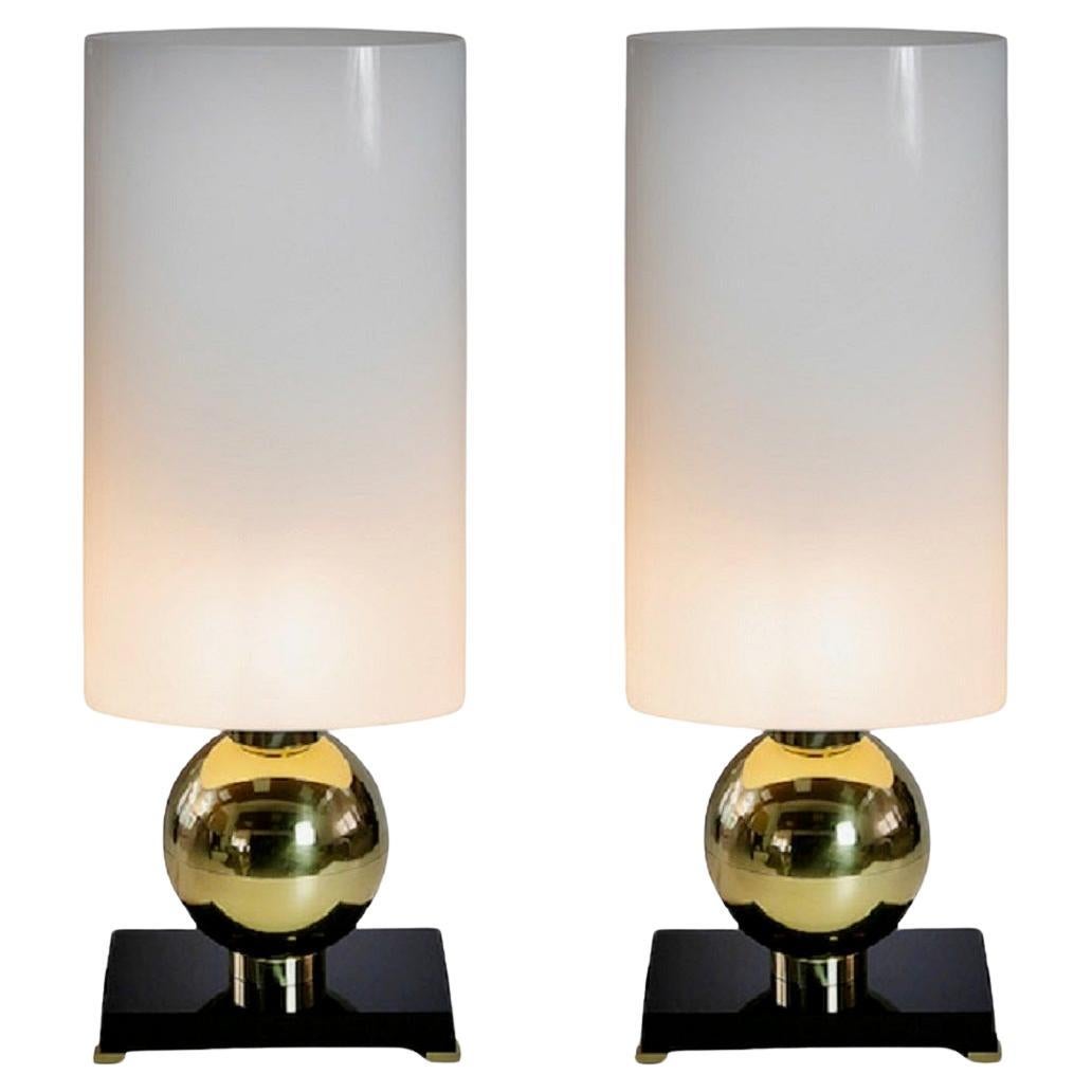 Pair of Italian Table Lamps in Brass, Murano Glass Base And Shades