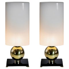 Pair of Italian Table Lamps in Brass, Murano Glass Base And Shades