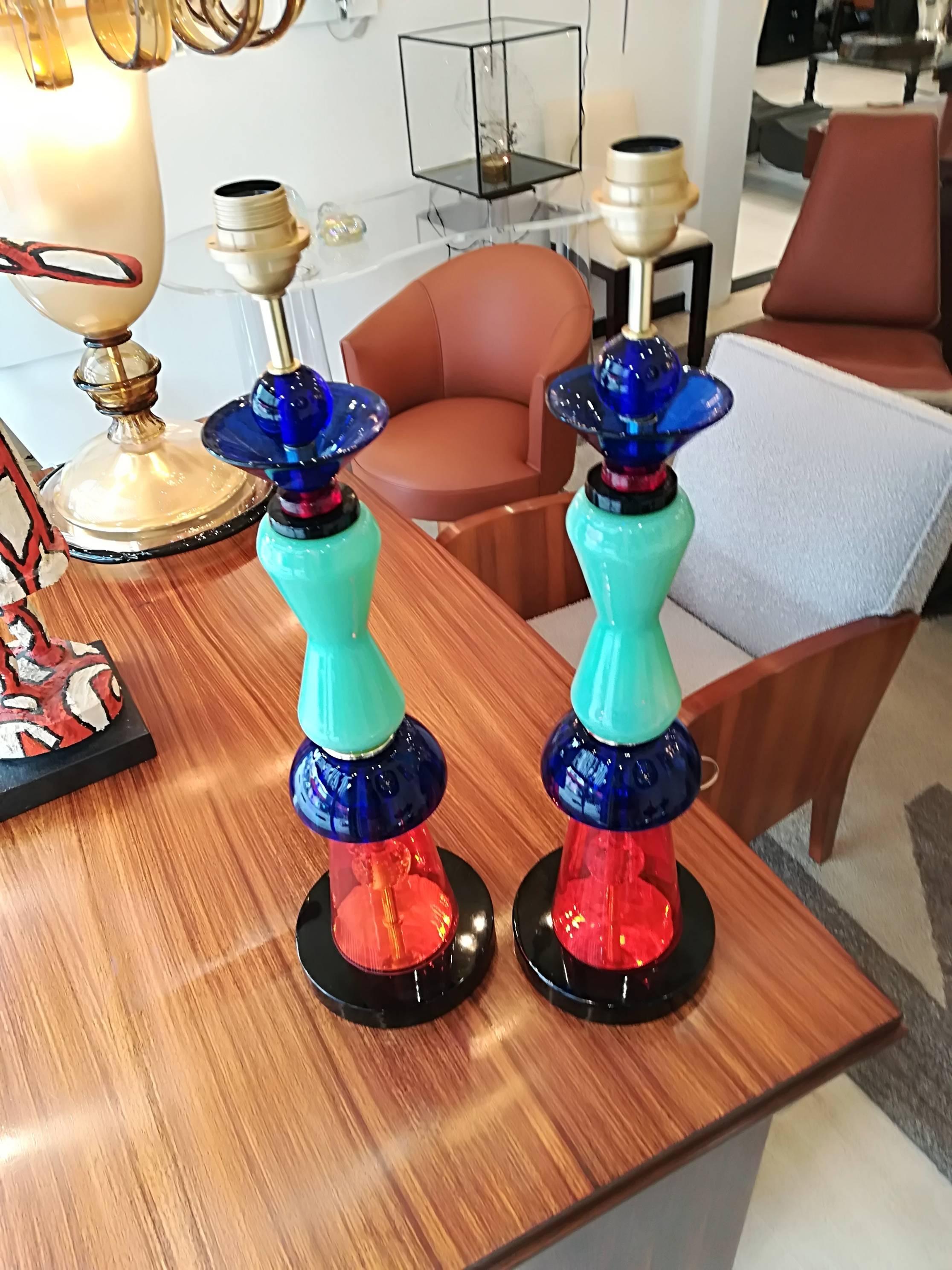 Pair of Italian table lamps in handblown Murano glass.
 
 